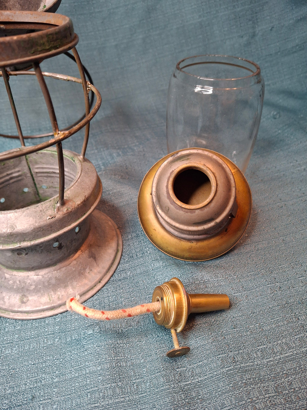 Antique Mid-19th C American Tin and Brass Whale Oil Lantern Double Tube Burner