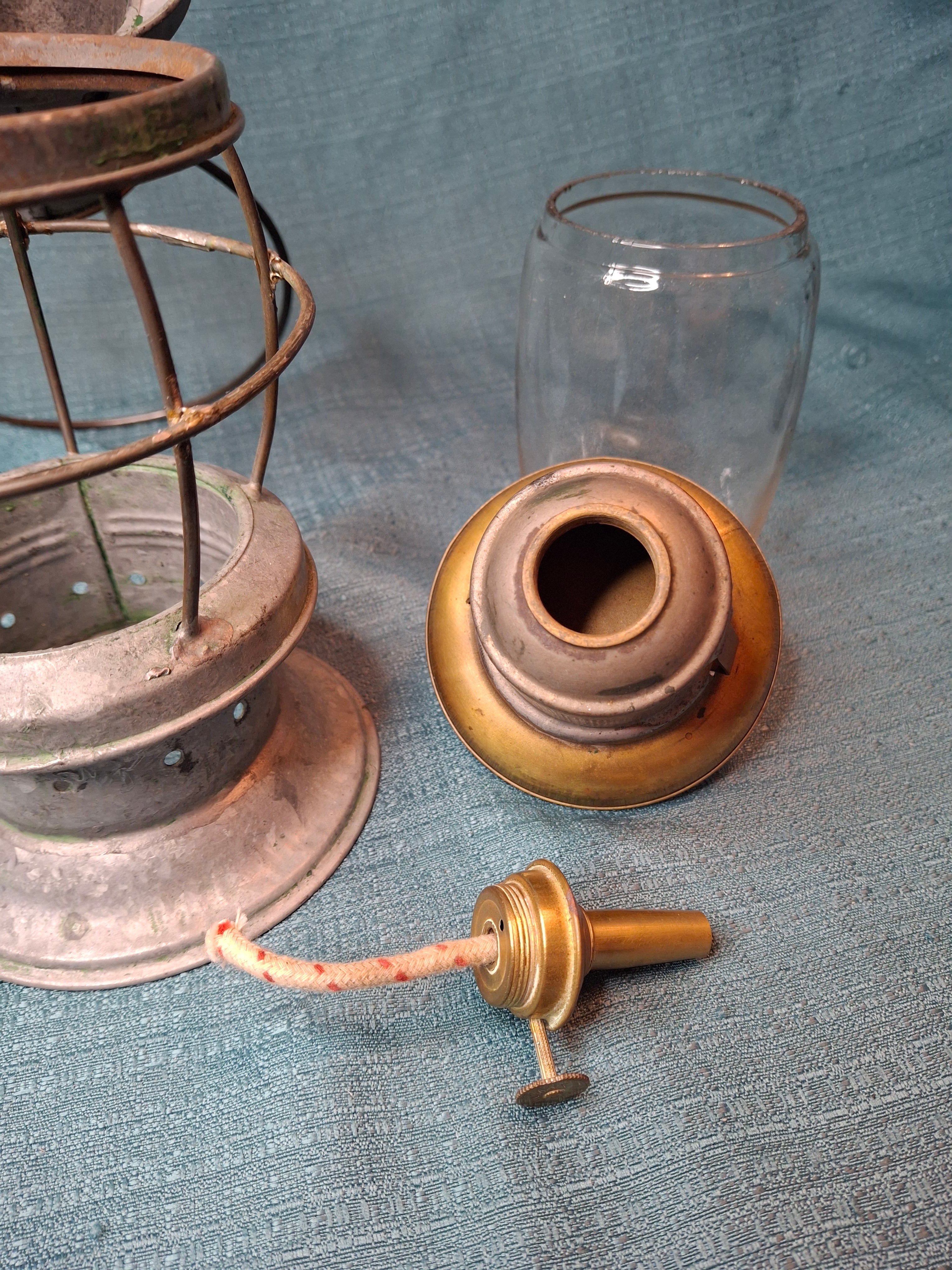 Antique Mid-19th C American Tin and Brass Whale Oil Lantern Double Tube Burner