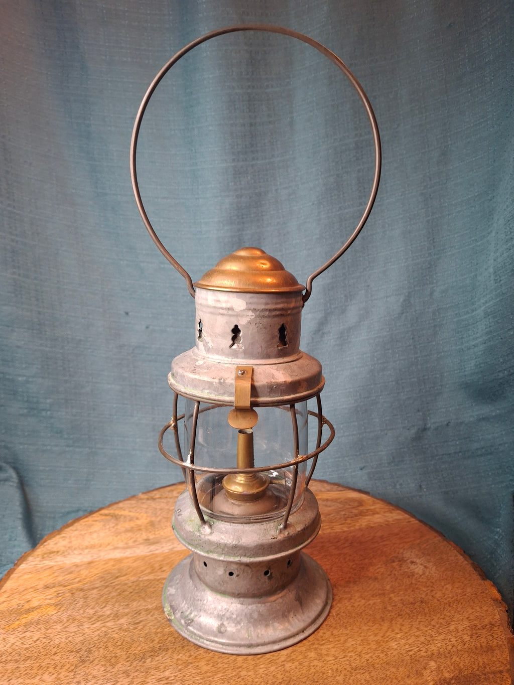 Antique Mid-19th C American Tin and Brass Whale Oil Lantern Double Tube Burner