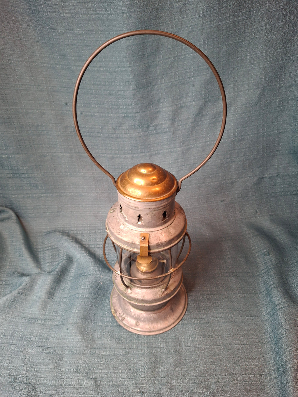 Antique Mid-19th C American Tin and Brass Whale Oil Lantern Double Tube Burner