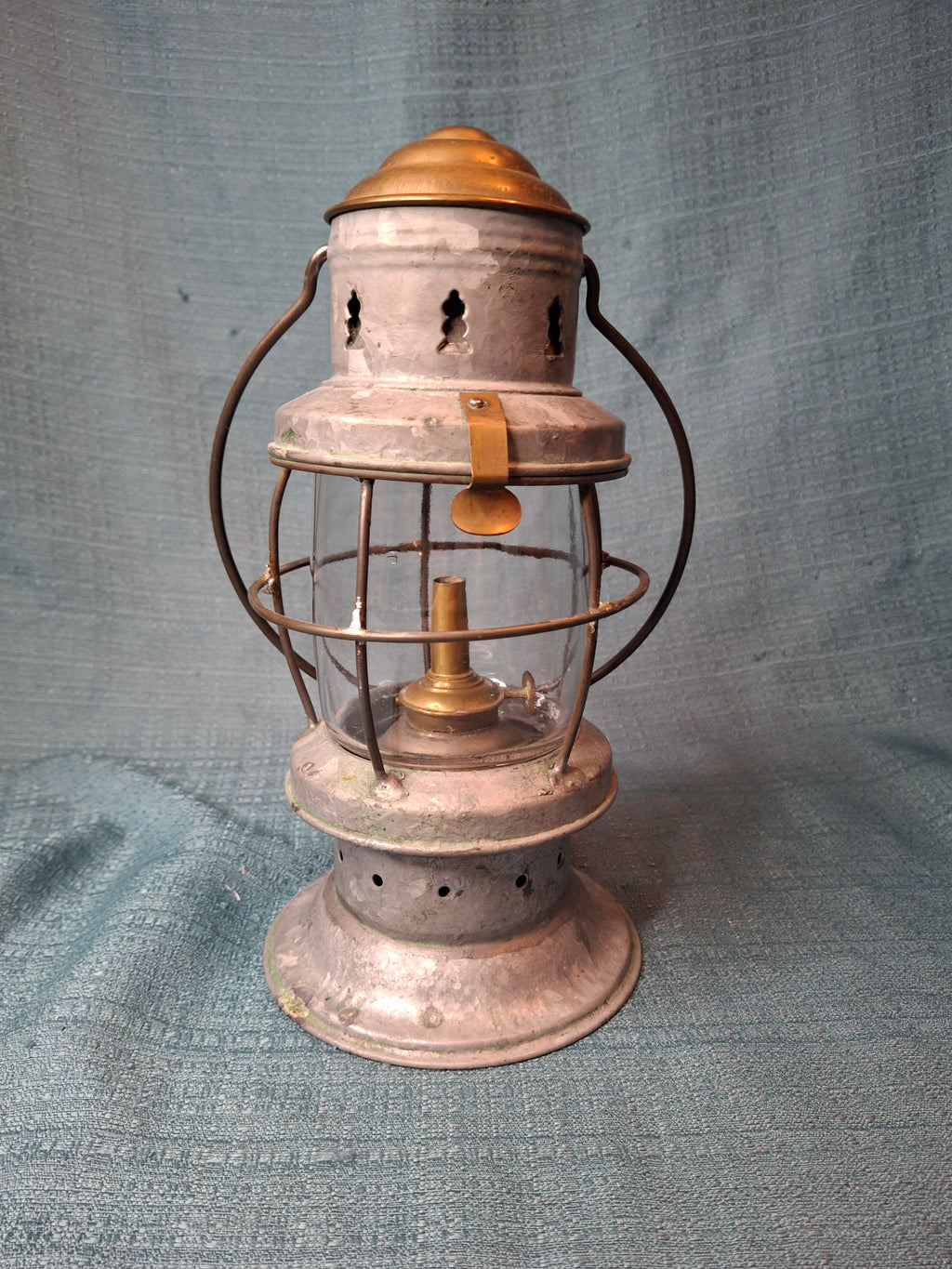 Antique Mid-19th C American Tin and Brass Whale Oil Lantern Double Tube Burner