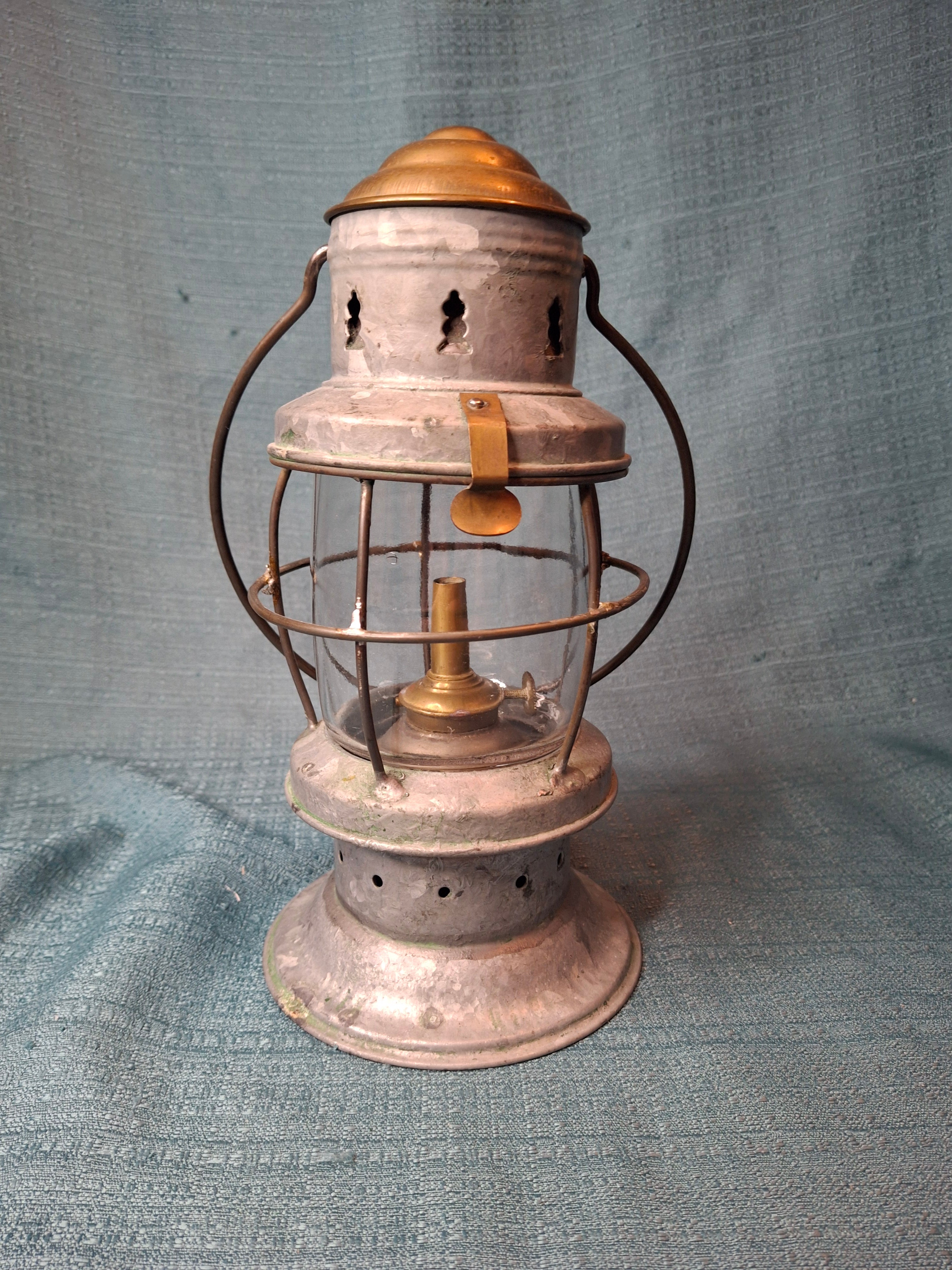 Antique Mid-19th C American Tin and Brass Whale Oil Lantern Double Tube Burner