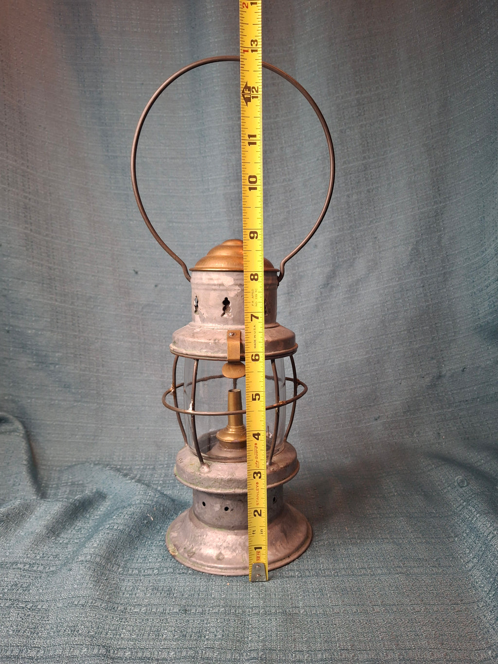 Antique Mid-19th C American Tin and Brass Whale Oil Lantern Double Tube Burner
