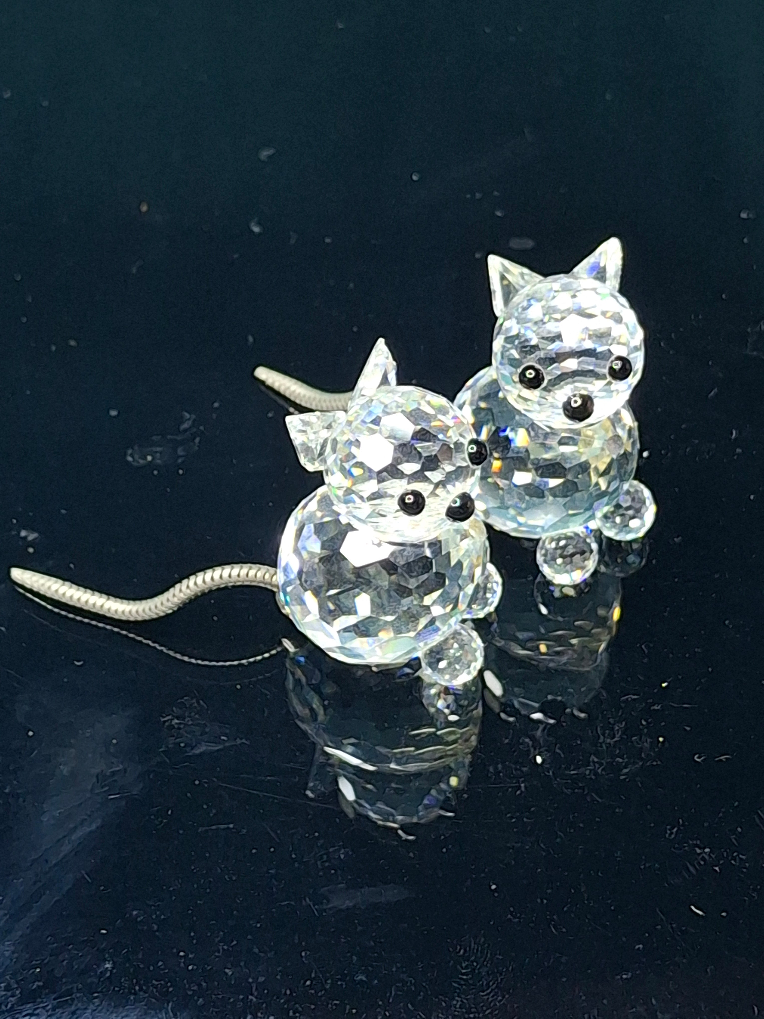 Vintage Swarovski Crystal Mini Cat Set of 2 - Pointed Ears - Metal Spring Tail - SC Logo 1976-1988