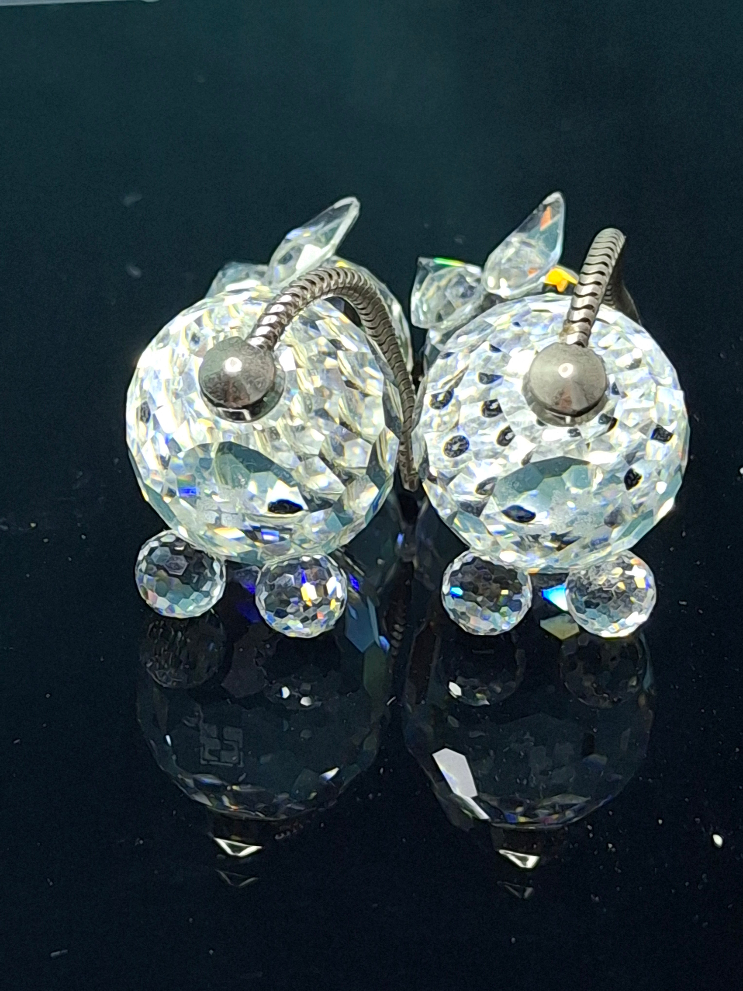 Vintage Swarovski Crystal Mini Cat Set of 2 - Pointed Ears - Metal Spring Tail - SC Logo 1976-1988