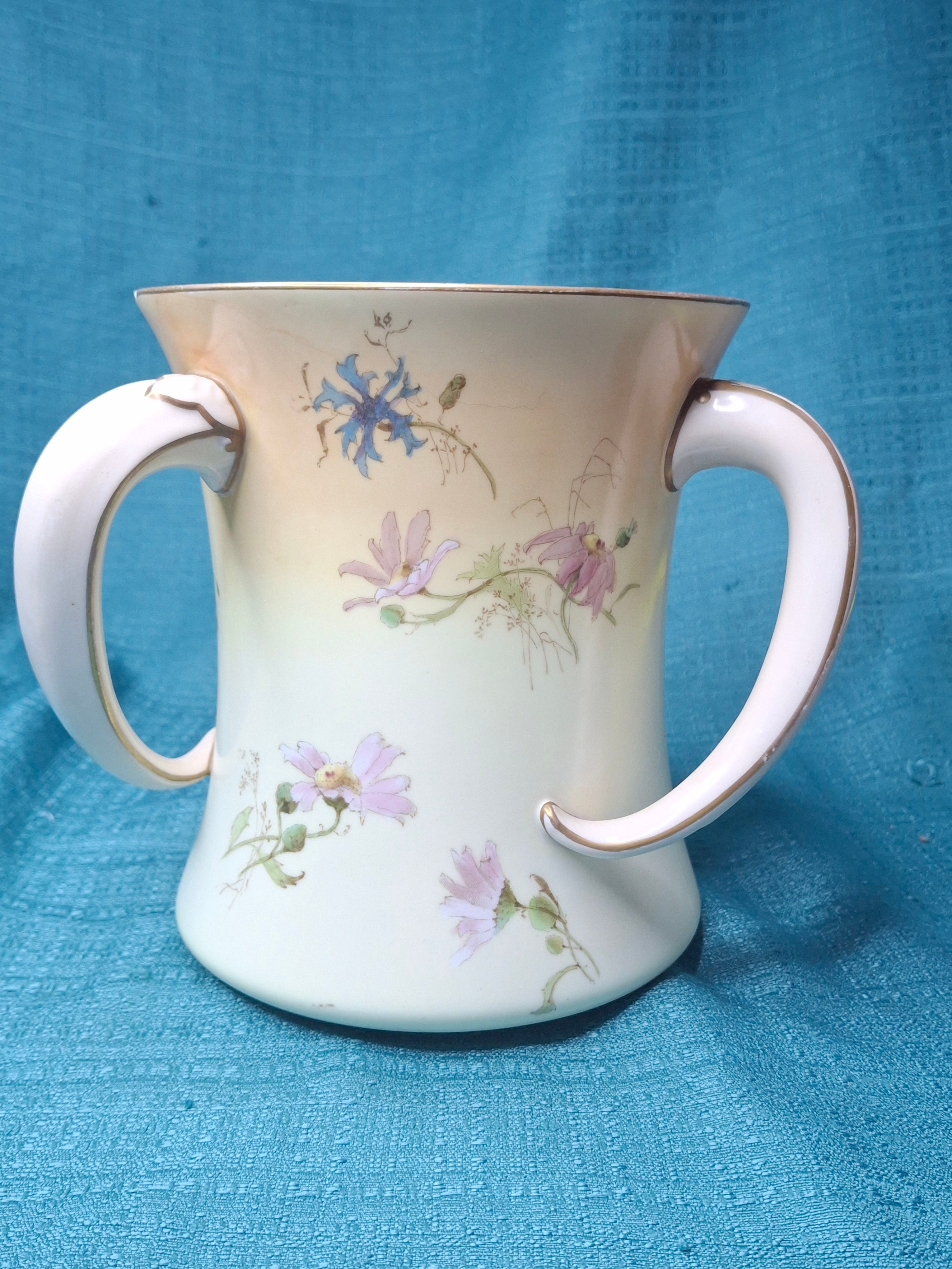 Antique Doulton Burslem Triple Handled Tyg Loving Cup / Netilat Yadayim Ritual Wash Cup c.1891