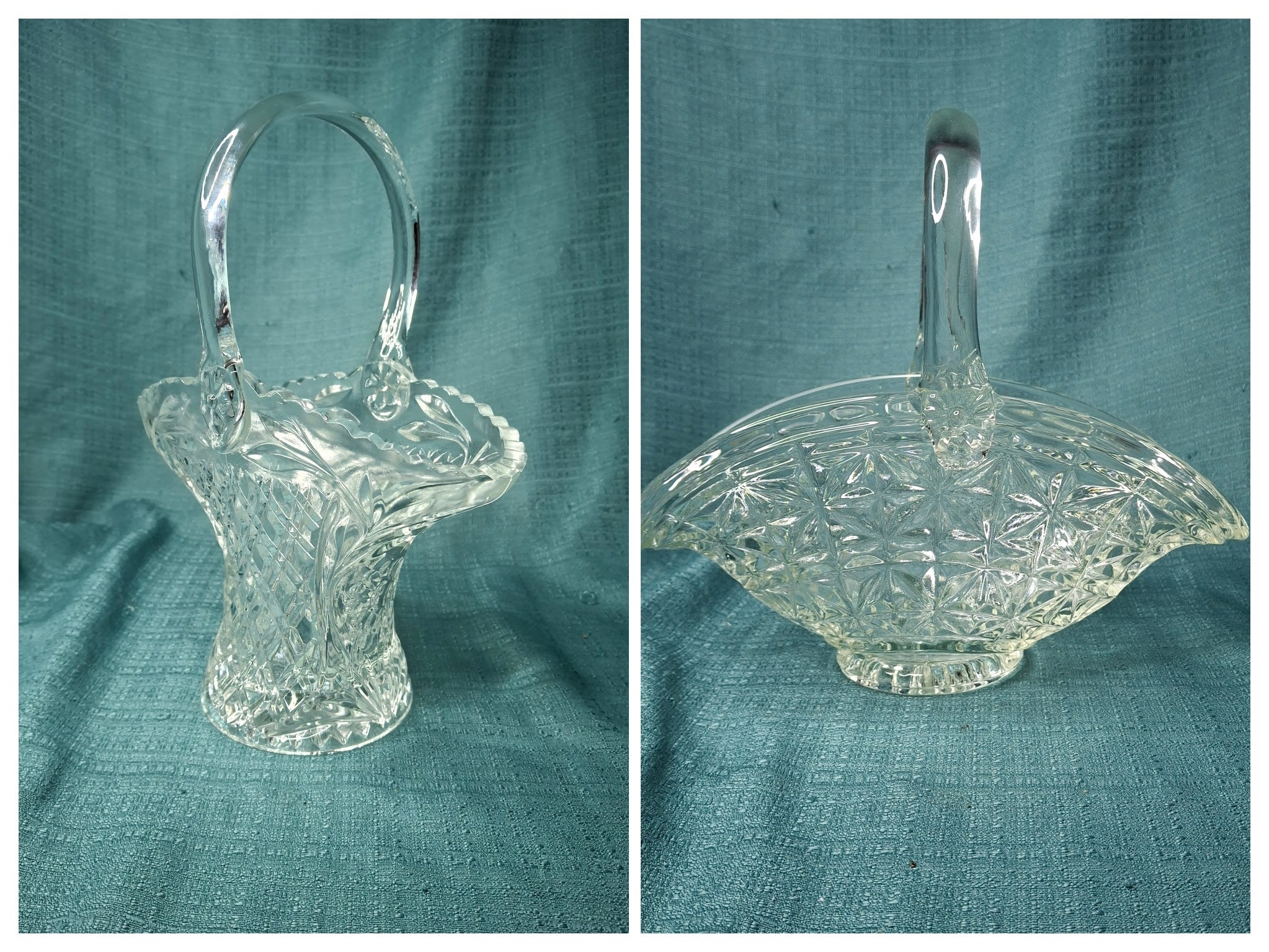 Antique EAPG Glass Basket Lot (2) - Daisy & Button Pattern - Victorian Pressed Glass