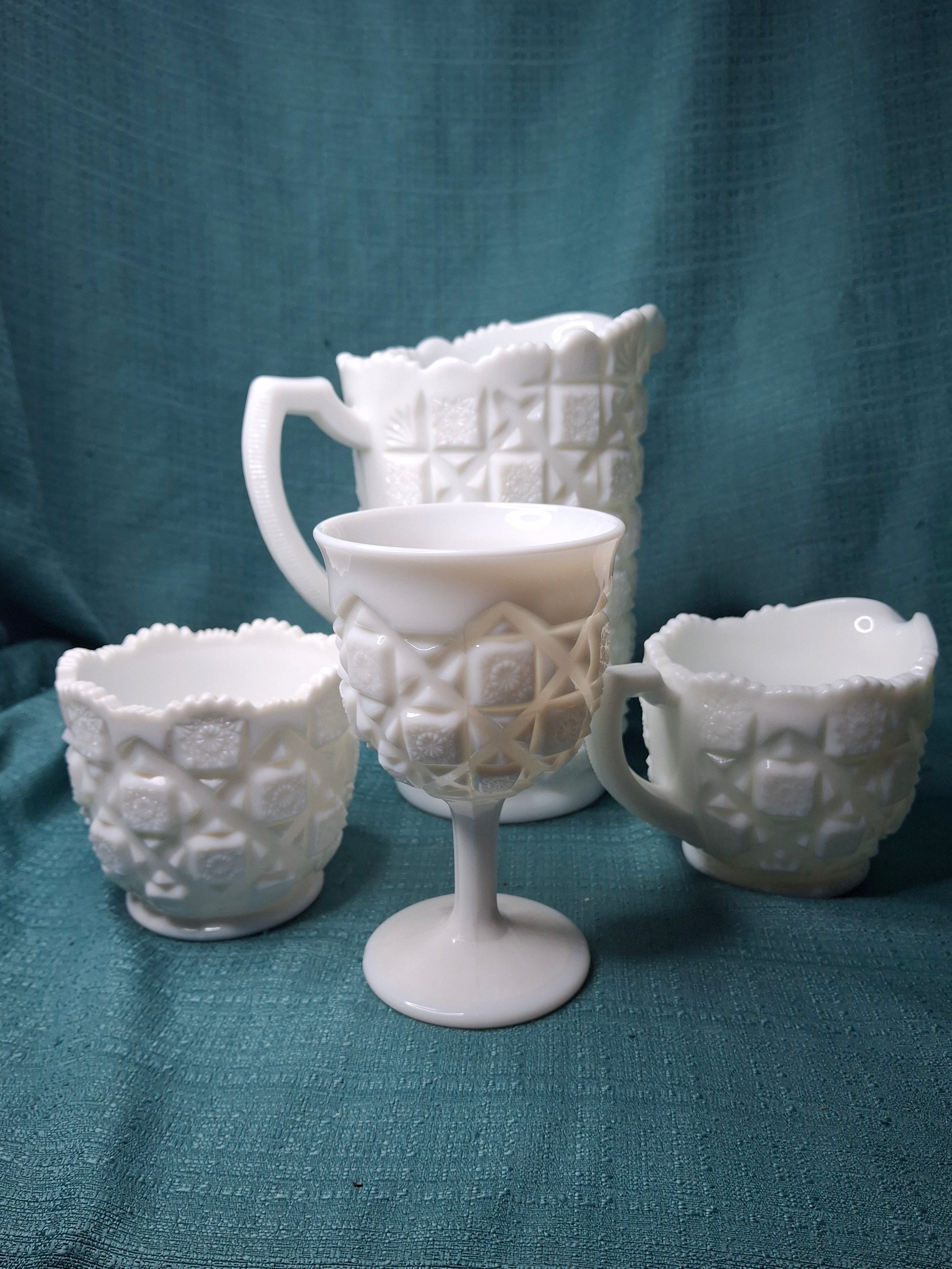 Vintage Westmoreland Milk Glass English Hobnail 4-Pc Set - Pitcher Goblet Creamer Sugar - AKA Old Quilt Pattern