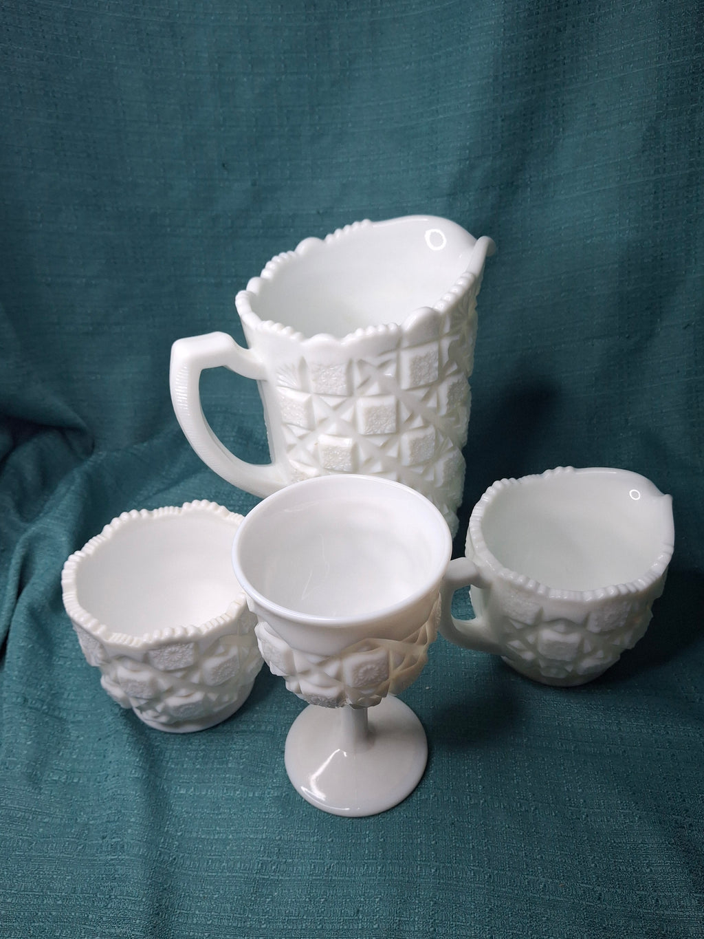 Vintage Westmoreland Milk Glass English Hobnail 4-Pc Set - Pitcher Goblet Creamer Sugar - AKA Old Quilt Pattern