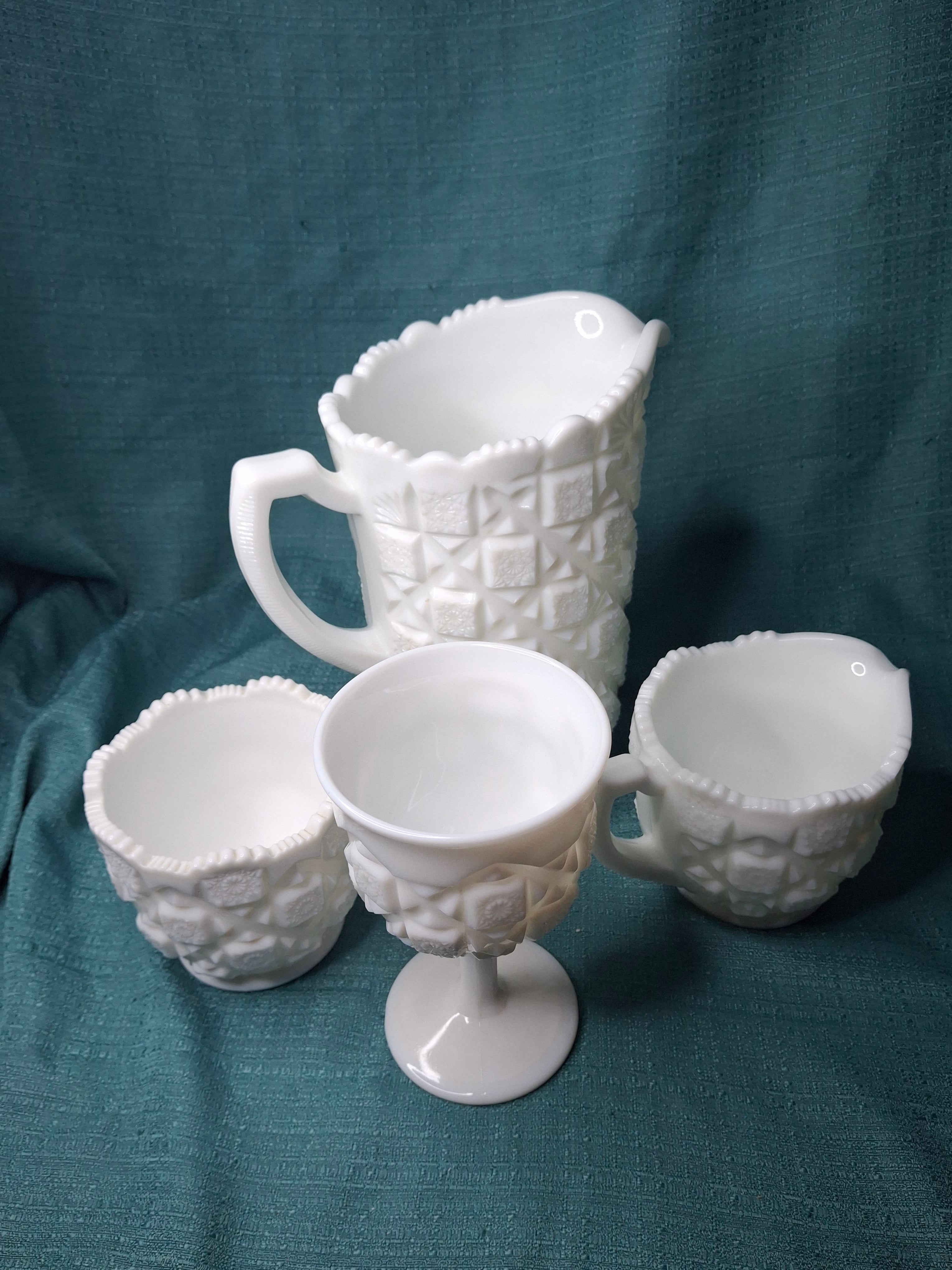 Vintage Westmoreland Milk Glass English Hobnail 4-Pc Set - Pitcher Goblet Creamer Sugar - AKA Old Quilt Pattern
