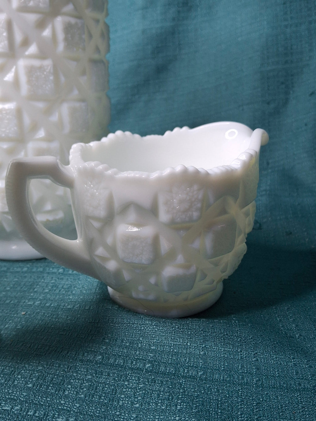 Vintage Westmoreland Milk Glass English Hobnail 4-Pc Set - Pitcher Goblet Creamer Sugar - AKA Old Quilt Pattern