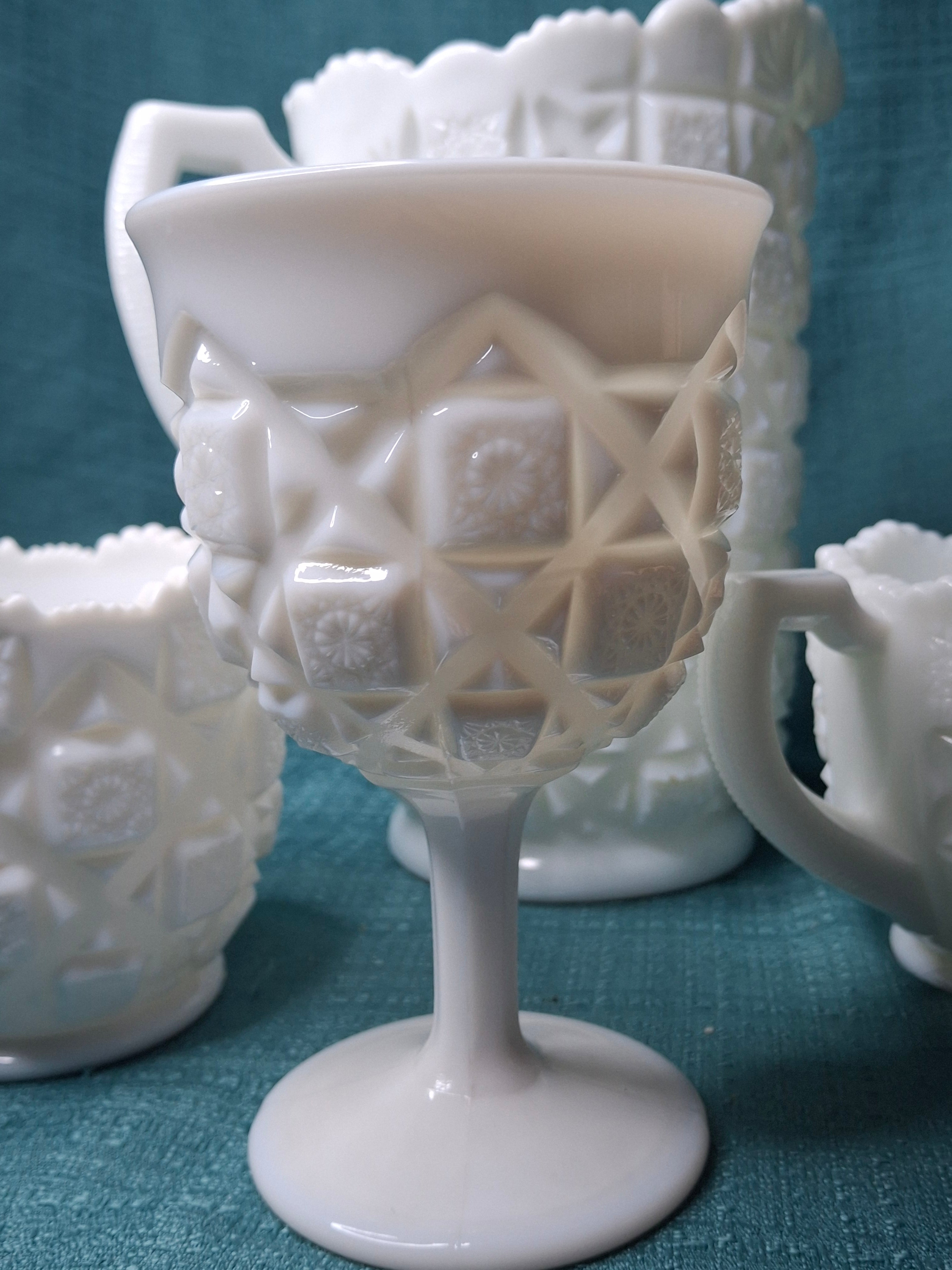 Vintage Westmoreland Milk Glass English Hobnail 4-Pc Set - Pitcher Goblet Creamer Sugar - AKA Old Quilt Pattern
