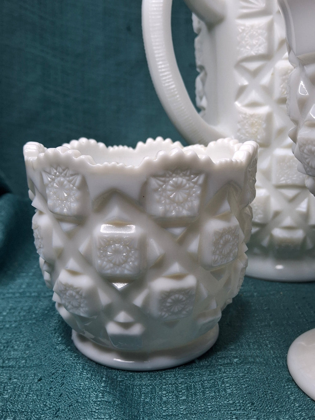 Vintage Westmoreland Milk Glass English Hobnail 4-Pc Set - Pitcher Goblet Creamer Sugar - AKA Old Quilt Pattern
