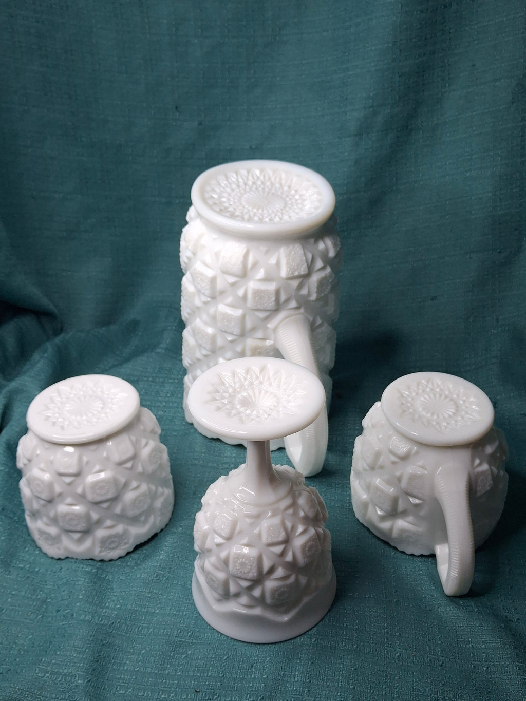 Vintage Westmoreland Milk Glass English Hobnail 4-Pc Set - Pitcher Goblet Creamer Sugar - AKA Old Quilt Pattern