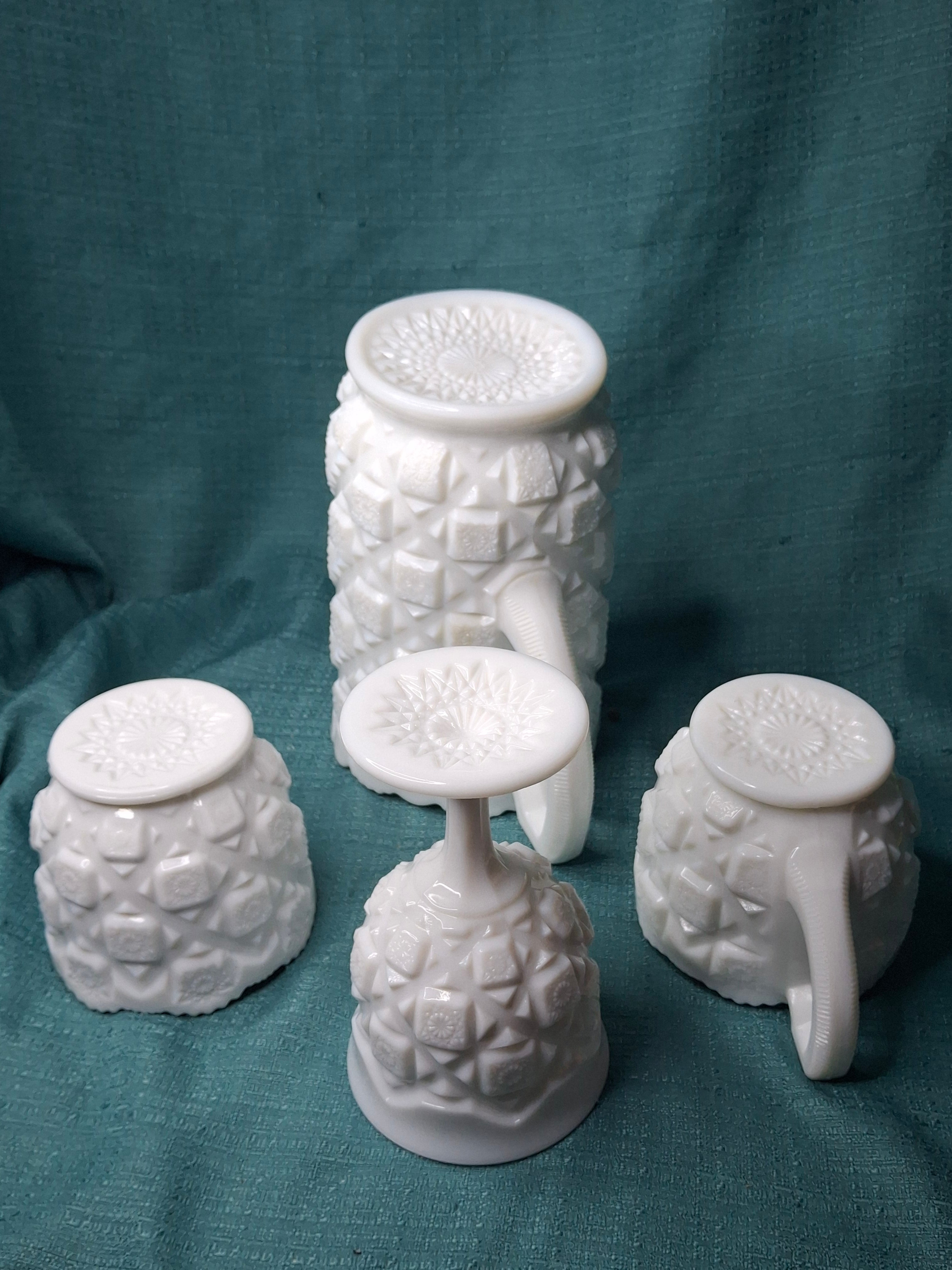 Vintage Westmoreland Milk Glass English Hobnail 4-Pc Set - Pitcher Goblet Creamer Sugar - AKA Old Quilt Pattern
