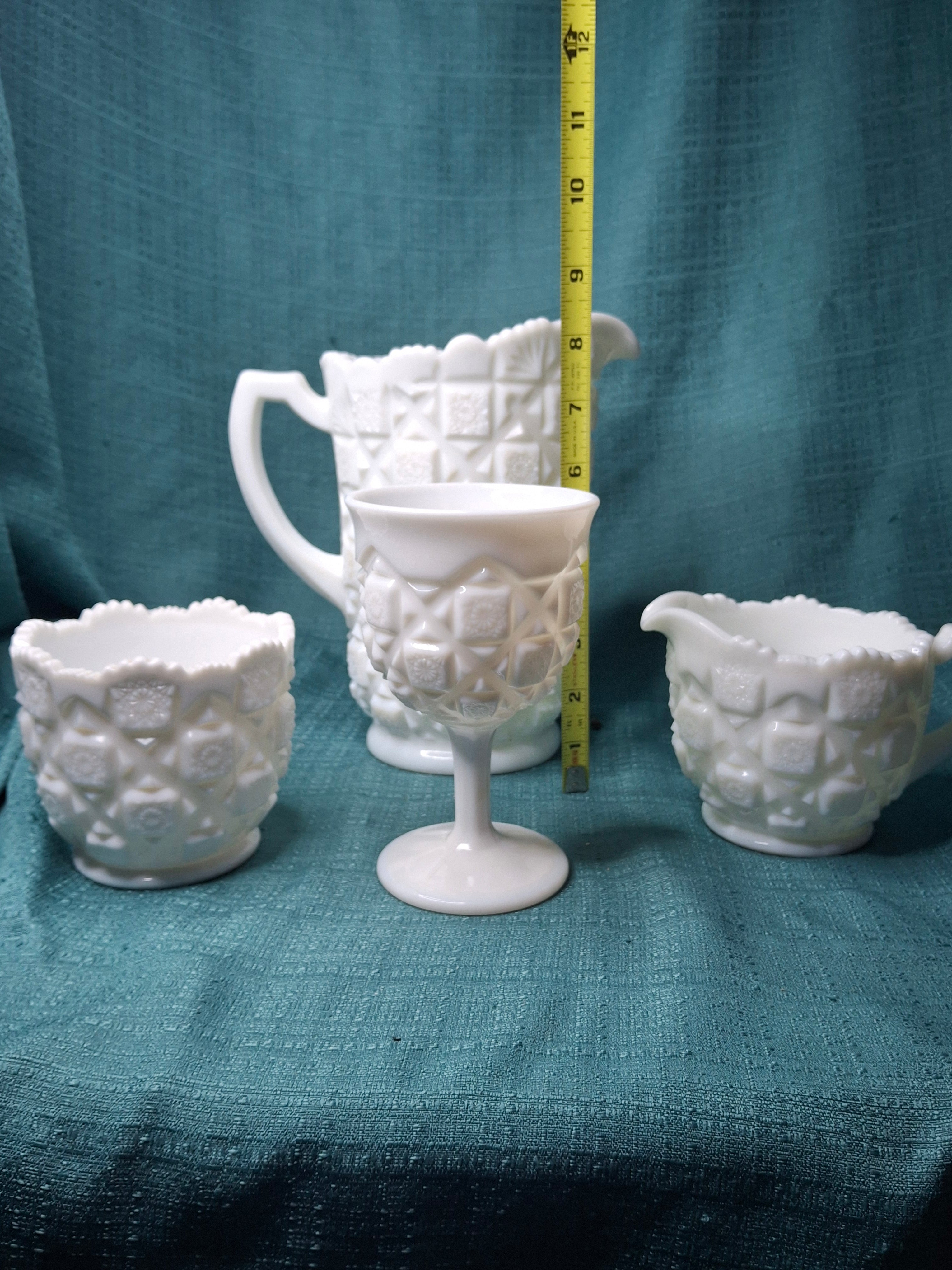 Vintage Westmoreland Milk Glass English Hobnail 4-Pc Set - Pitcher Goblet Creamer Sugar - AKA Old Quilt Pattern