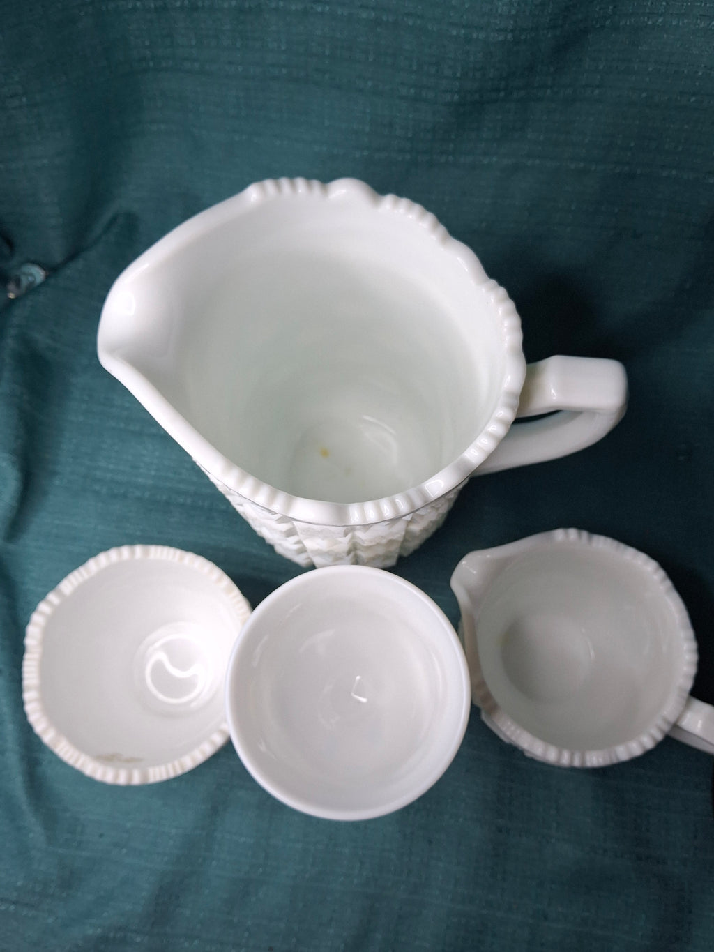 Vintage Westmoreland Milk Glass English Hobnail 4-Pc Set - Pitcher Goblet Creamer Sugar - AKA Old Quilt Pattern