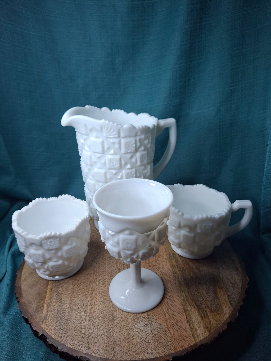 Vintage Westmoreland Milk Glass English Hobnail 4-Pc Set - Pitcher Goblet Creamer Sugar - AKA Old Quilt Pattern