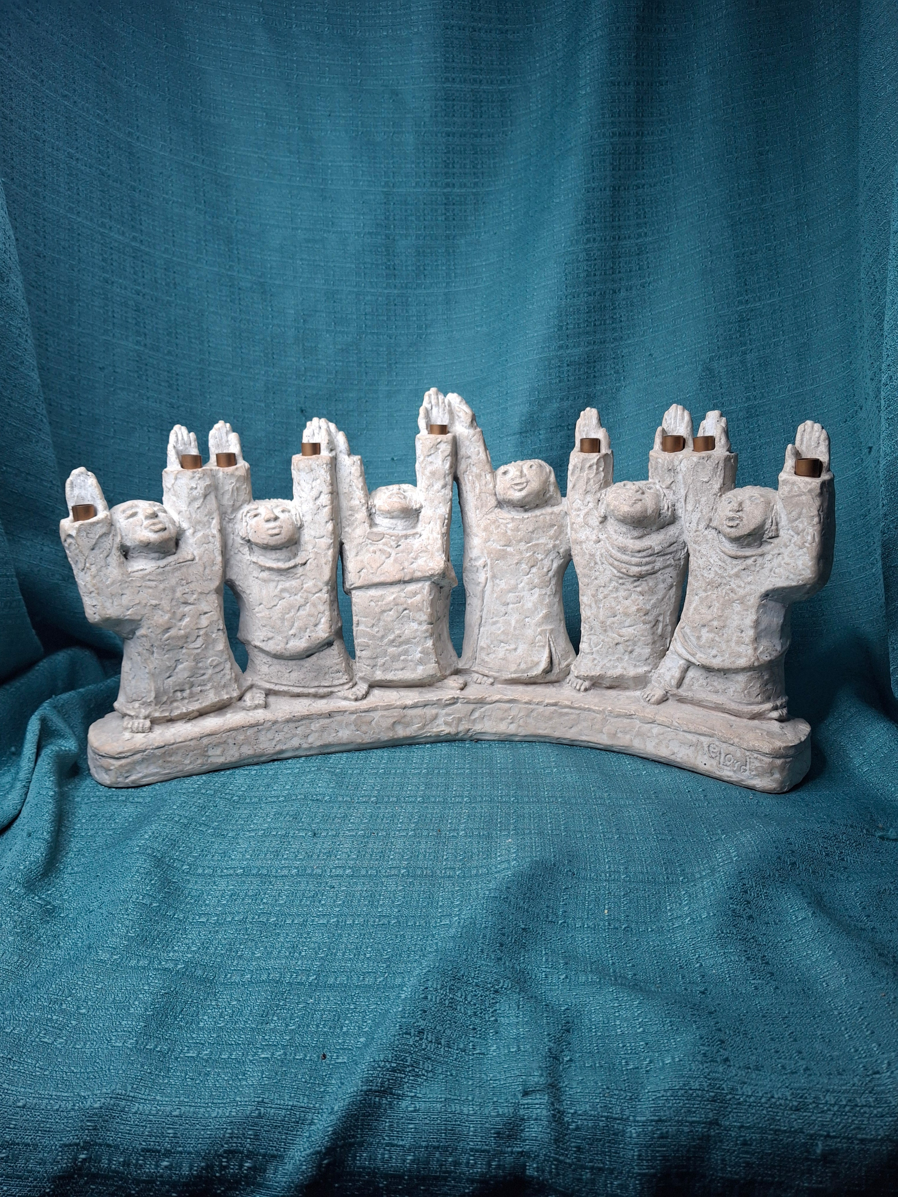 1985 Austin Productions Ellen Lord Menorah Sculpture "Celebration of Life" Judaica Durastone Art 15"