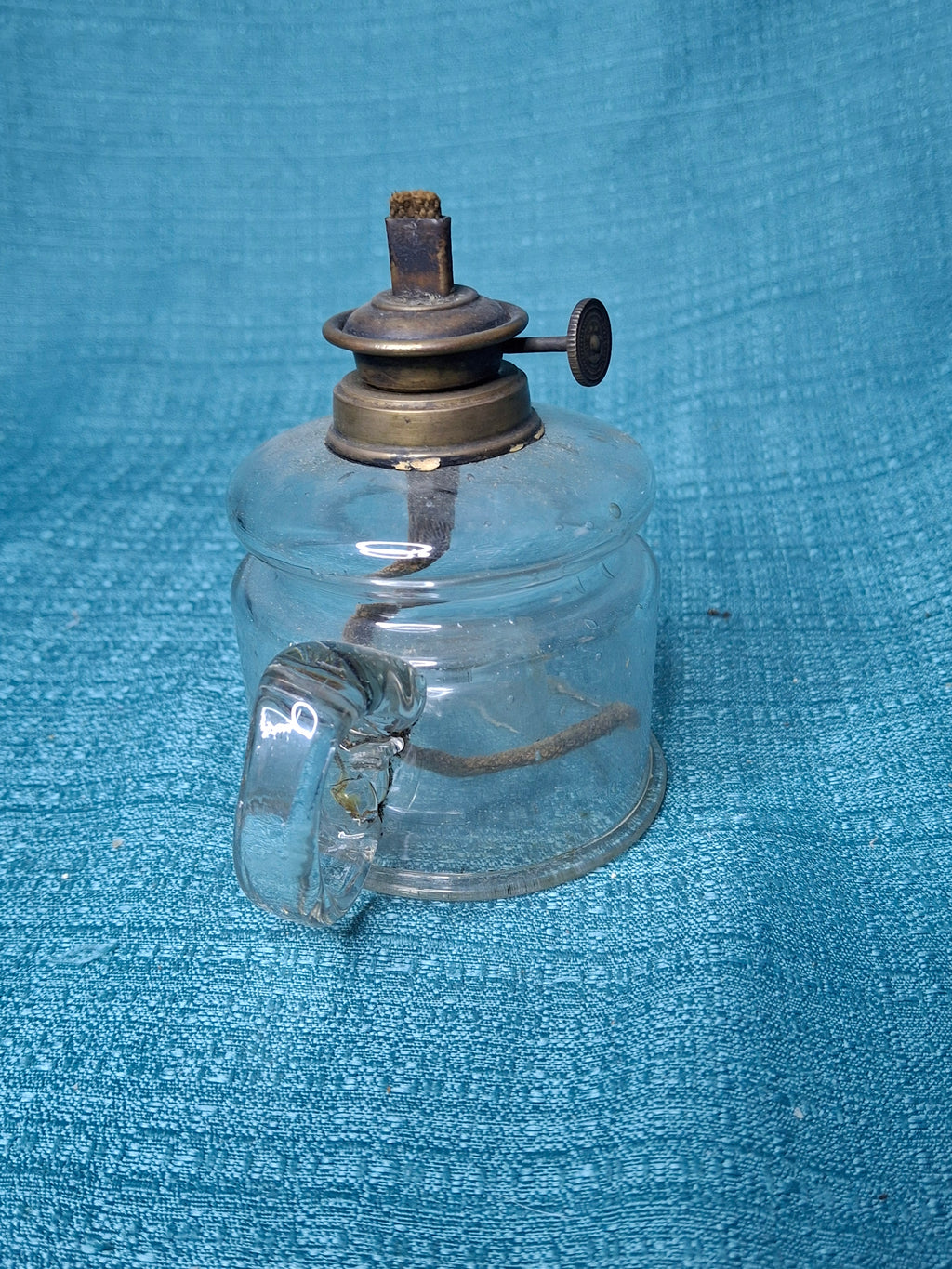 EAPG Clear Glass Nutmeg Finger Lamp P&A Nutmeg Burner Moon & Stars Thumbwheel