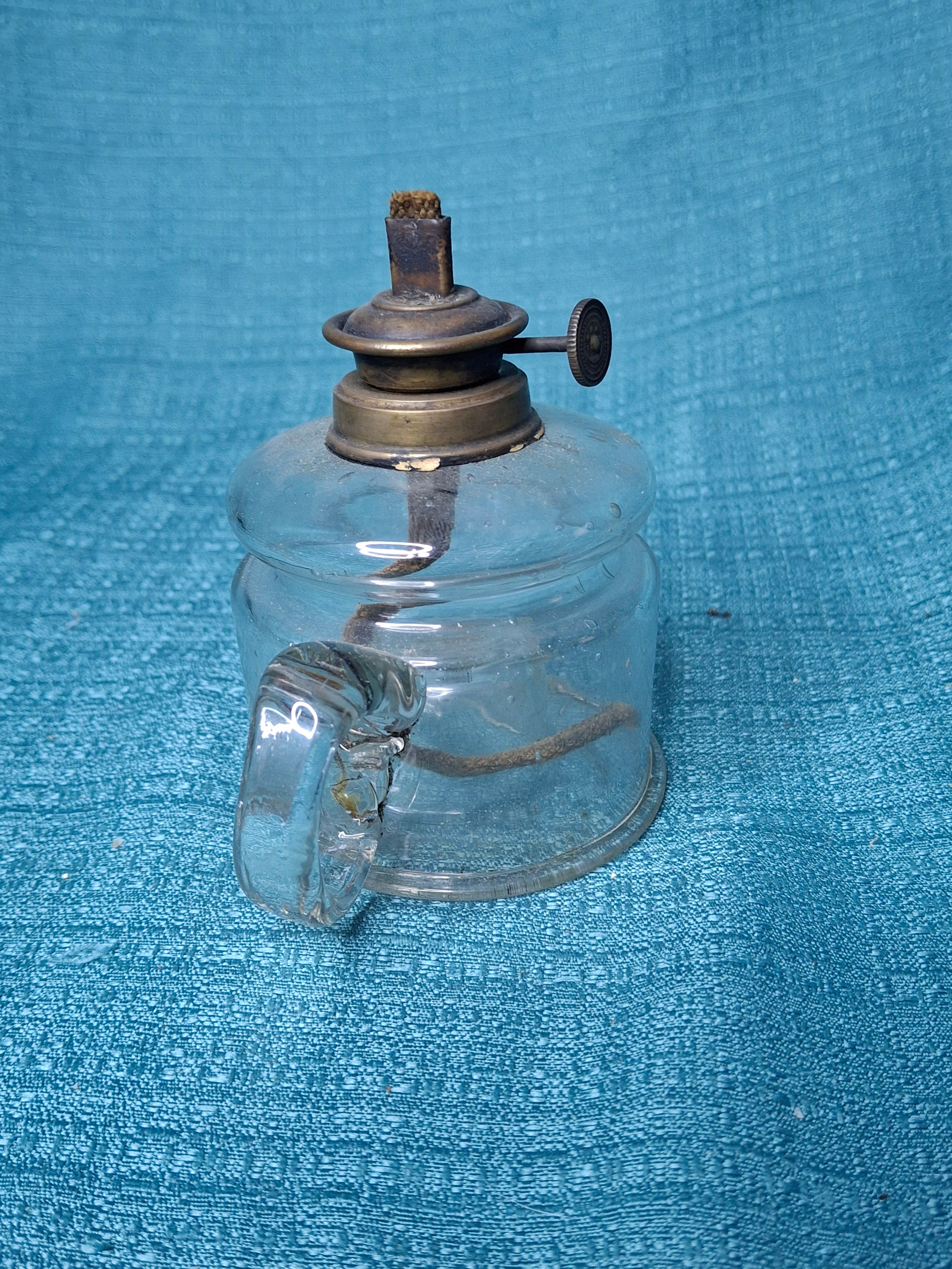 EAPG Clear Glass Nutmeg Finger Lamp P&A Nutmeg Burner Moon & Stars Thumbwheel