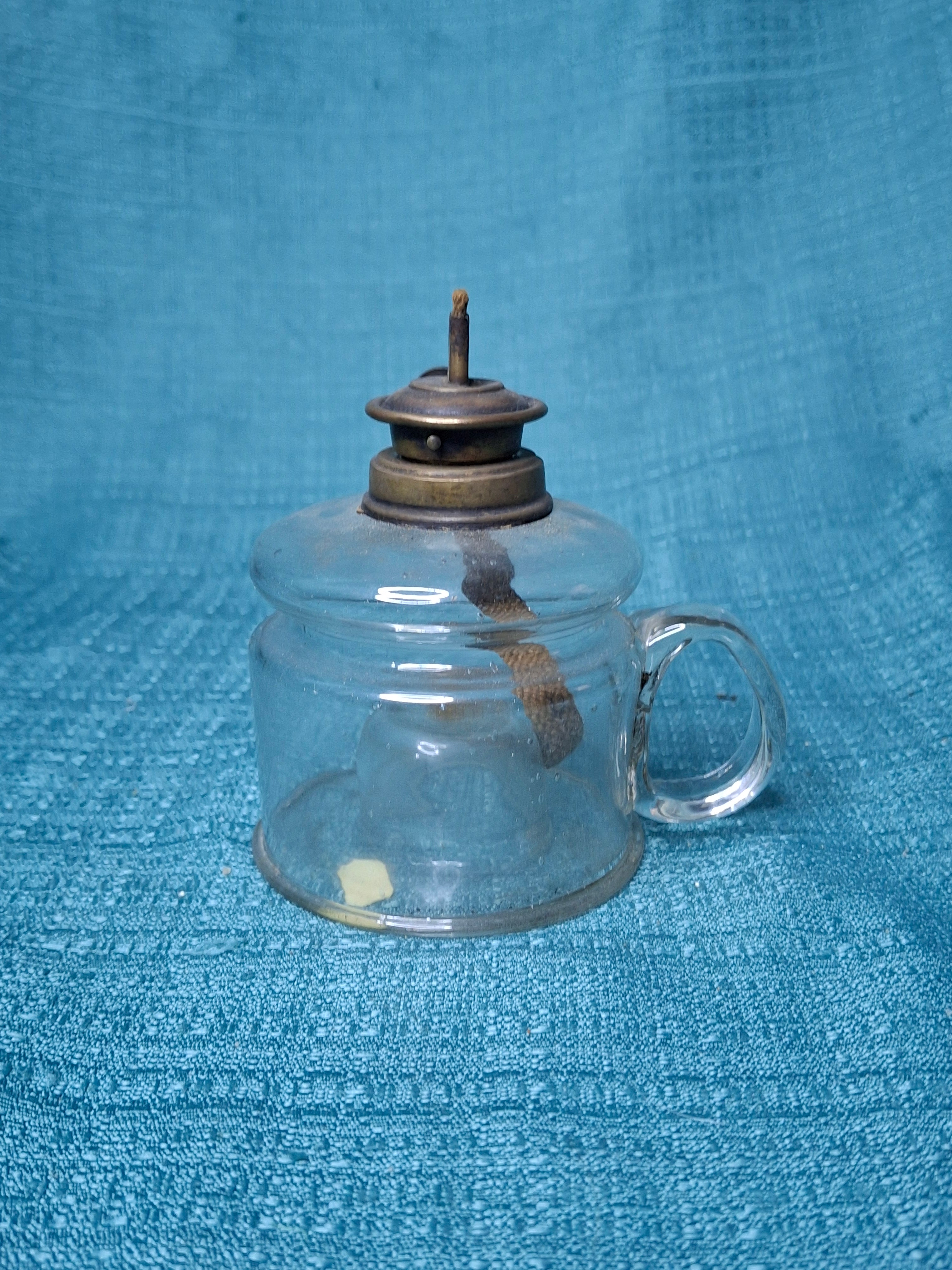 EAPG Clear Glass Nutmeg Finger Lamp P&A Nutmeg Burner Moon & Stars Thumbwheel