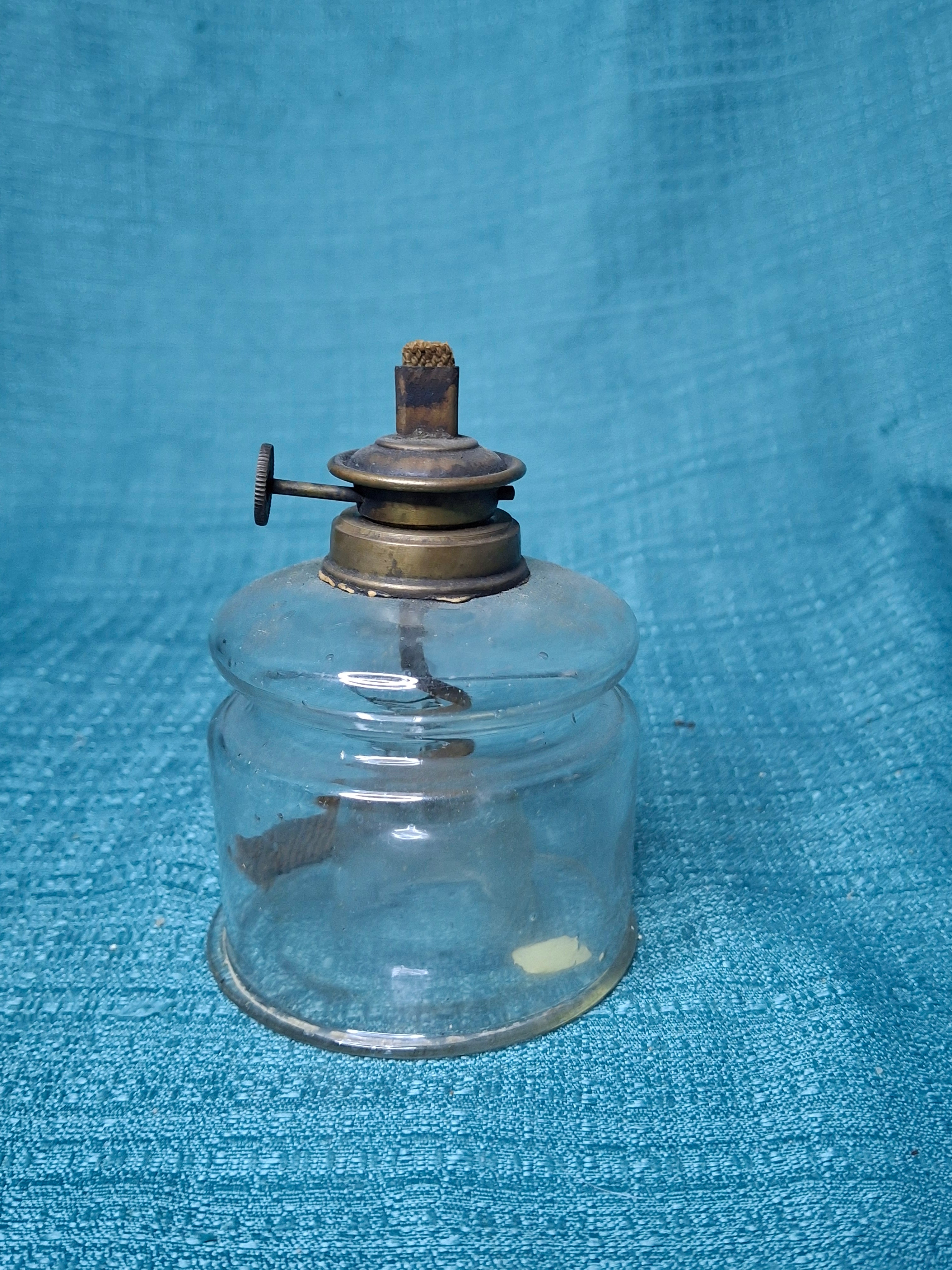 EAPG Clear Glass Nutmeg Finger Lamp P&A Nutmeg Burner Moon & Stars Thumbwheel