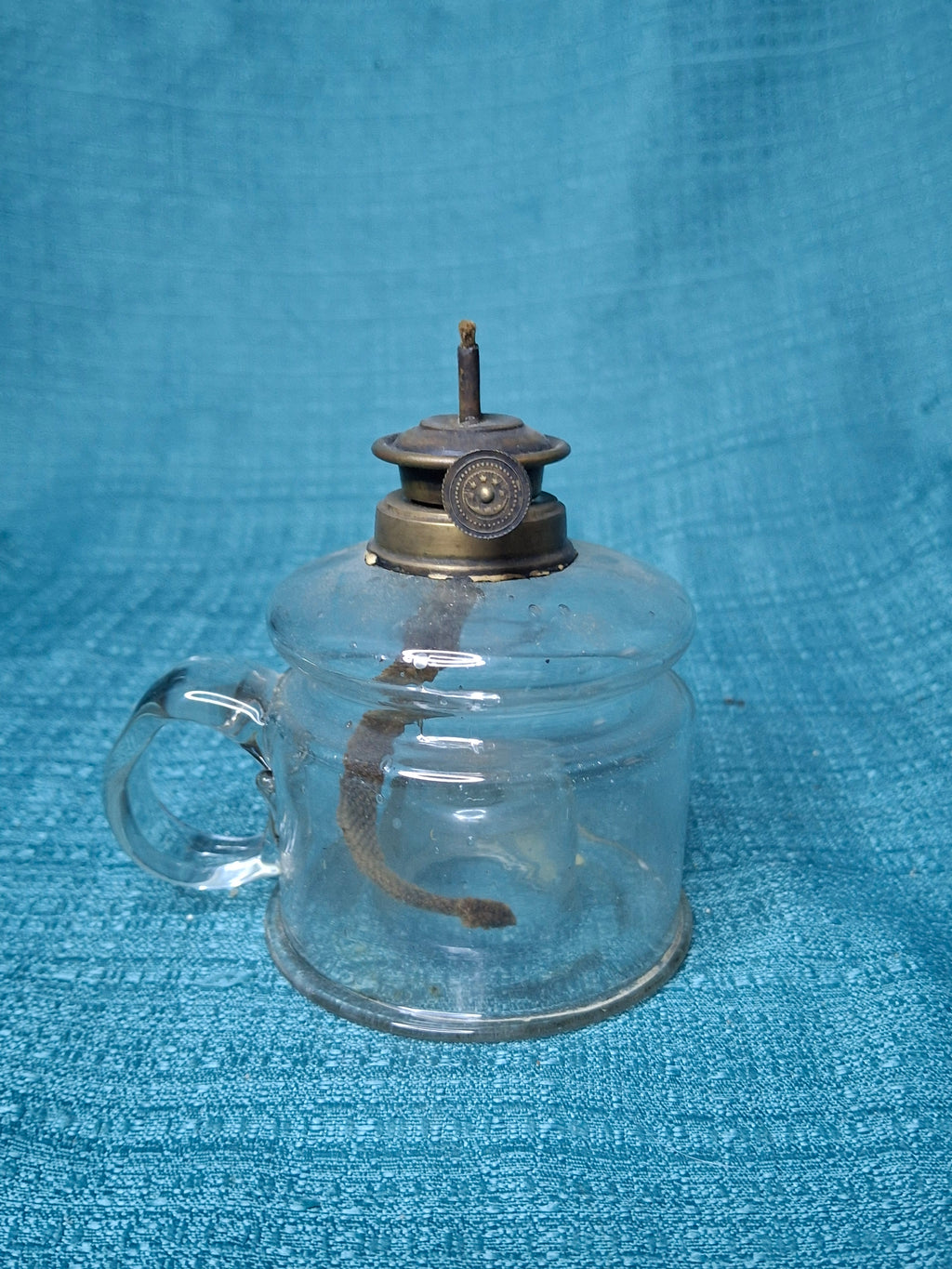 EAPG Clear Glass Nutmeg Finger Lamp P&A Nutmeg Burner Moon & Stars Thumbwheel