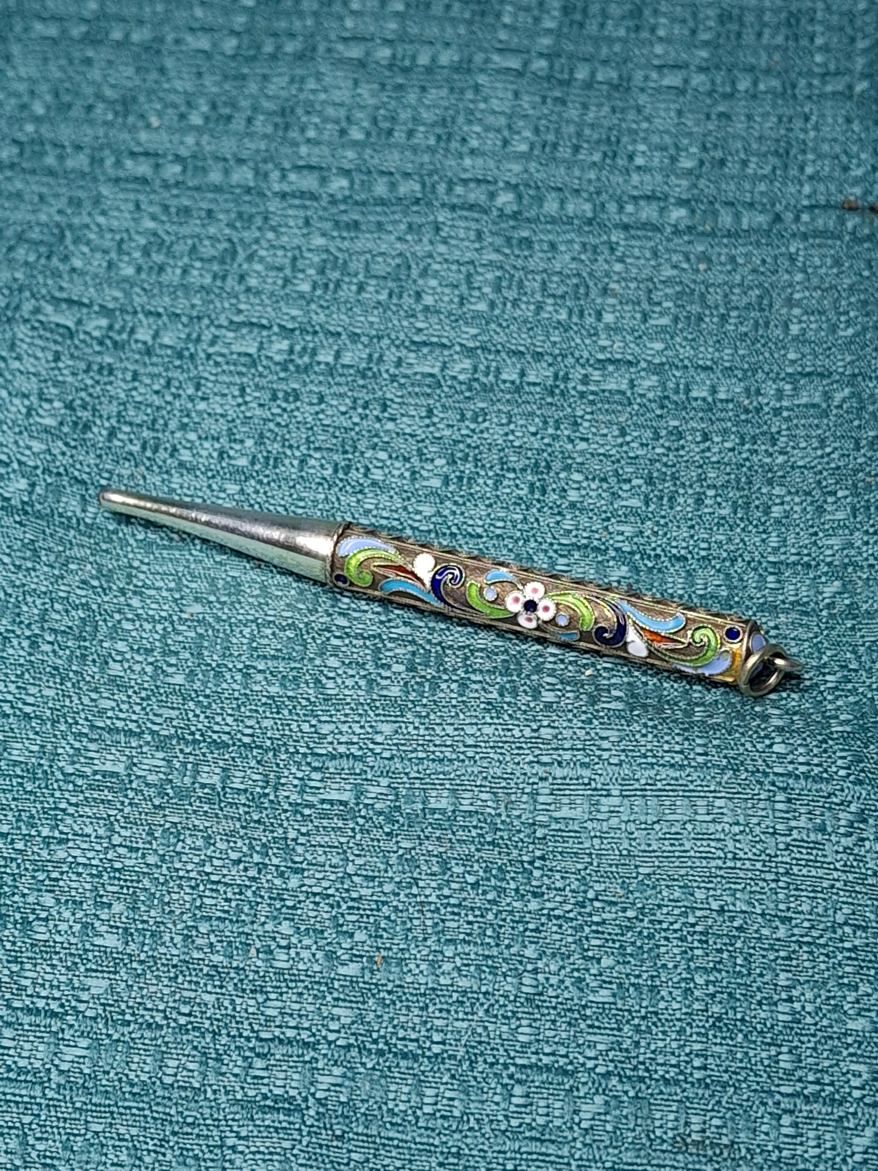 Antique Imperial Russian Silver Cloisonné Enamel Mechanical Pencil 1908-1917 Kokoshnik
