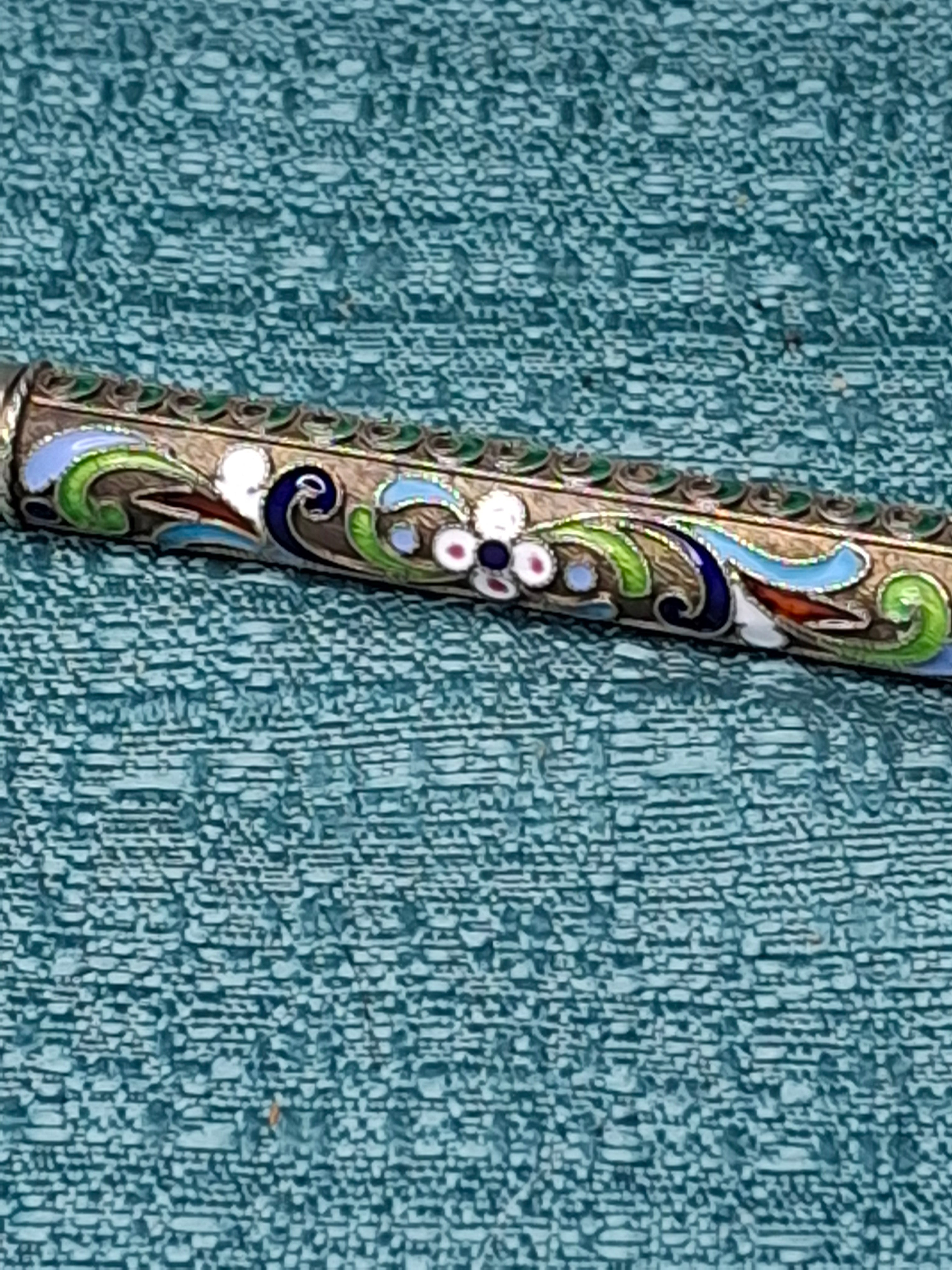 Antique Imperial Russian Silver Cloisonné Enamel Mechanical Pencil 1908-1917 Kokoshnik