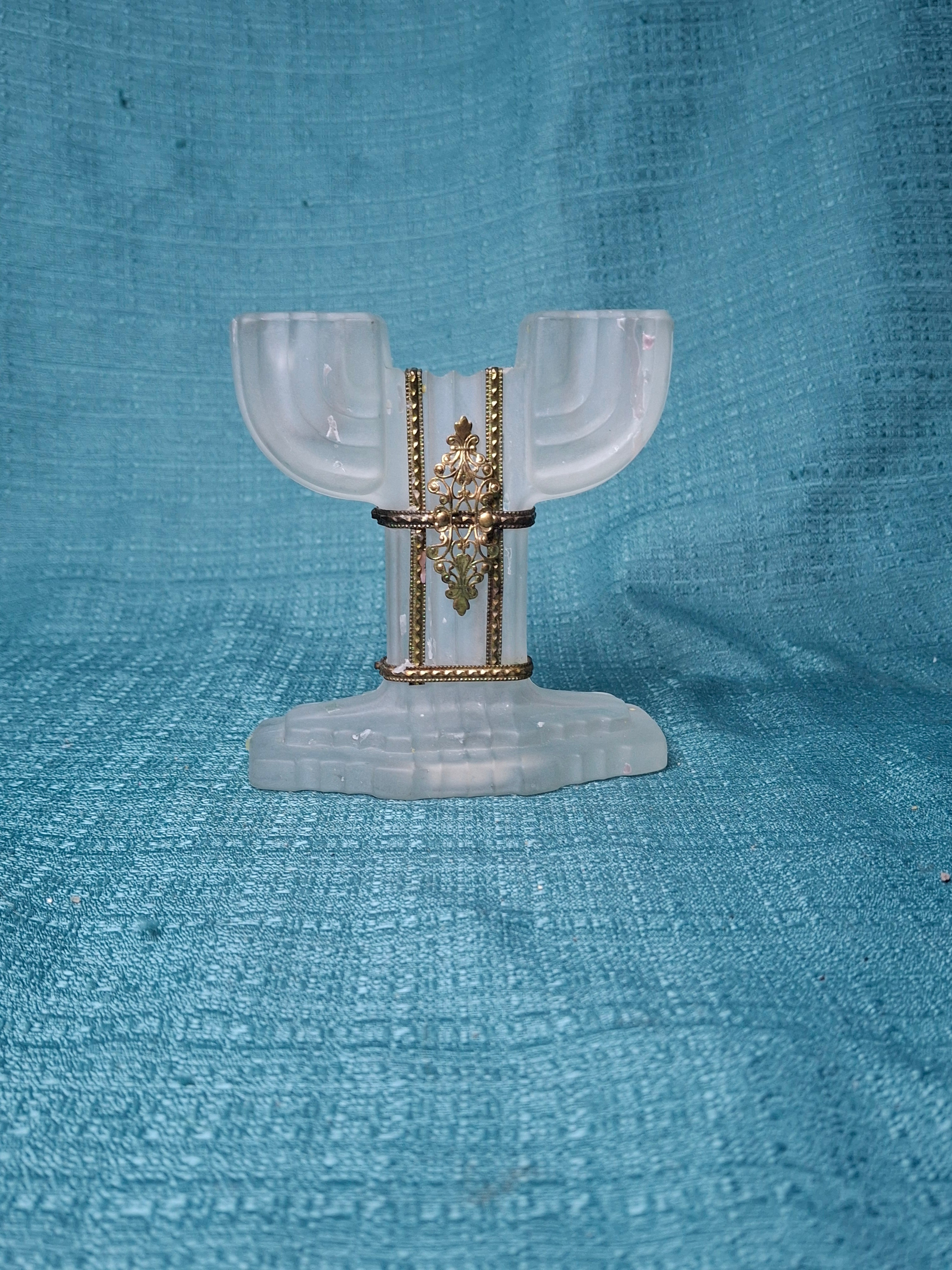Art Deco Frosted Glass Shabbat Menorah Candelabra Double Candle Holder Brass 1930s