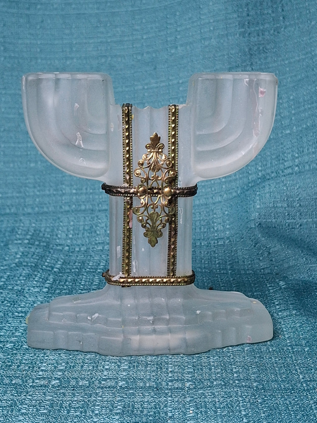 Art Deco Frosted Glass Shabbat Menorah Candelabra Double Candle Holder Brass 1930s