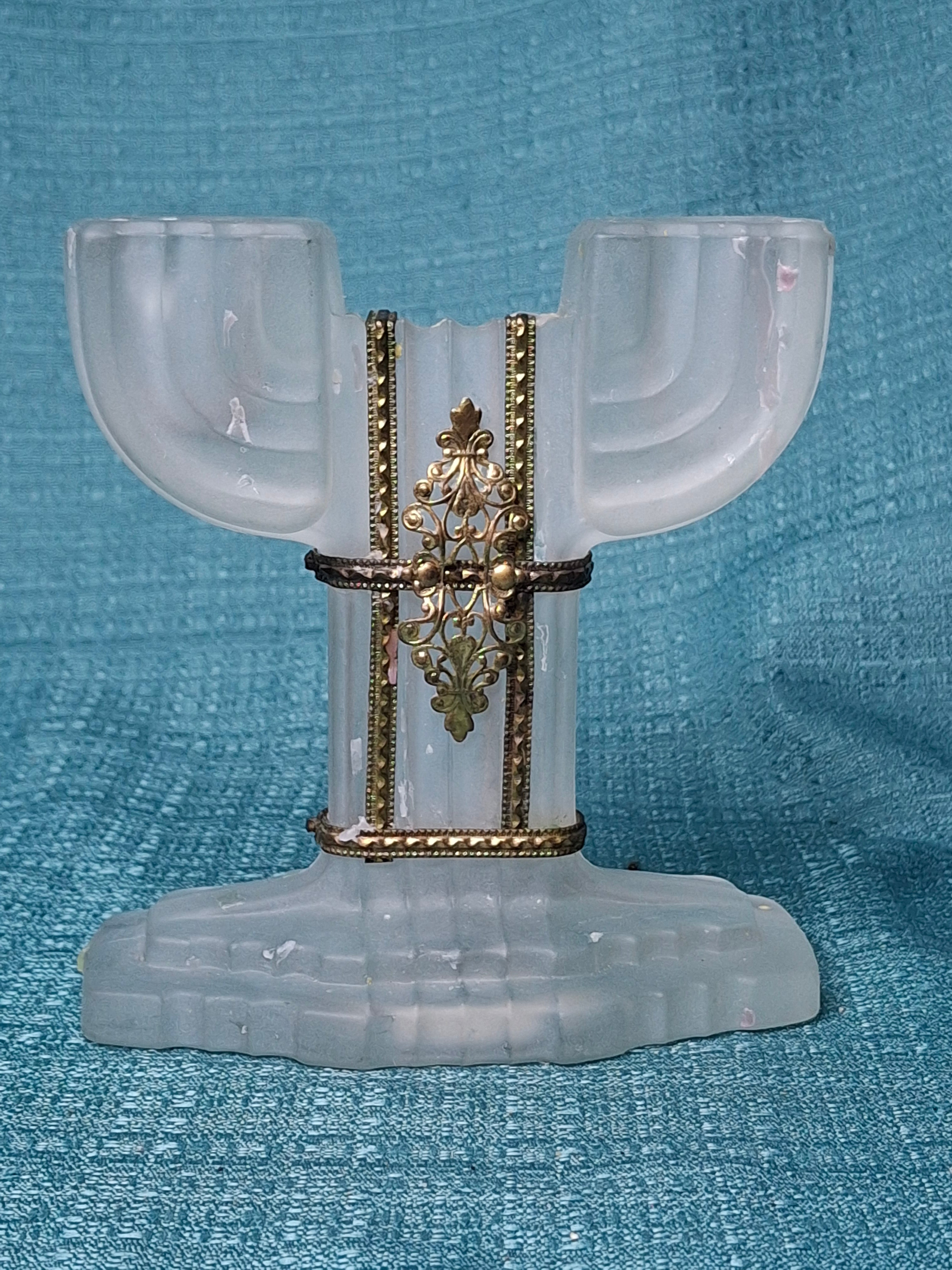 Art Deco Frosted Glass Shabbat Menorah Candelabra Double Candle Holder Brass 1930s