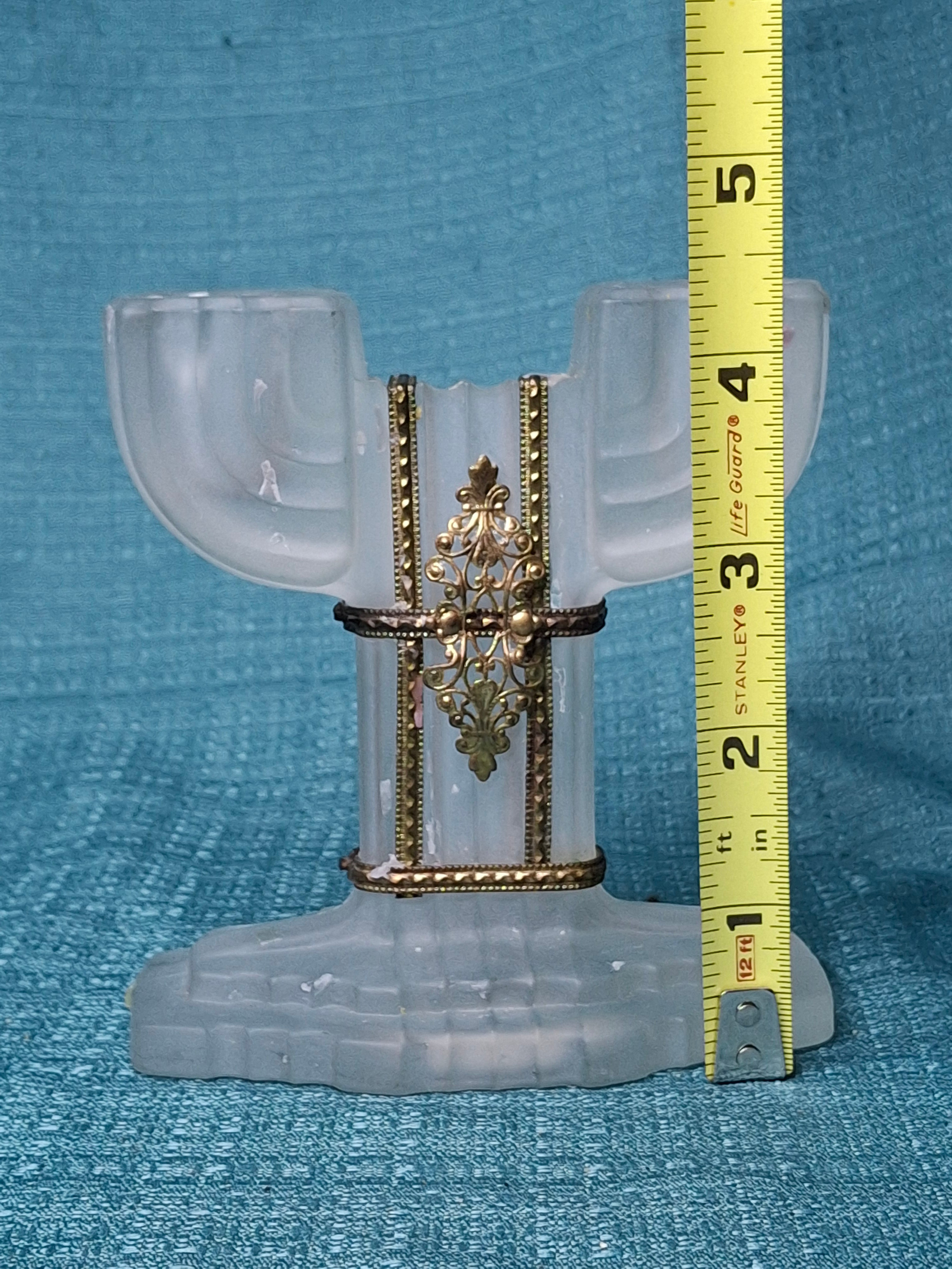 Art Deco Frosted Glass Shabbat Menorah Candelabra Double Candle Holder Brass 1930s