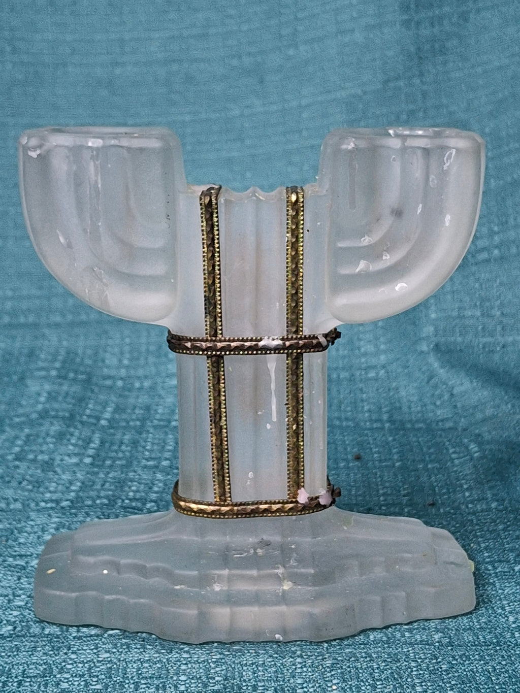 Art Deco Frosted Glass Shabbat Menorah Candelabra Double Candle Holder Brass 1930s