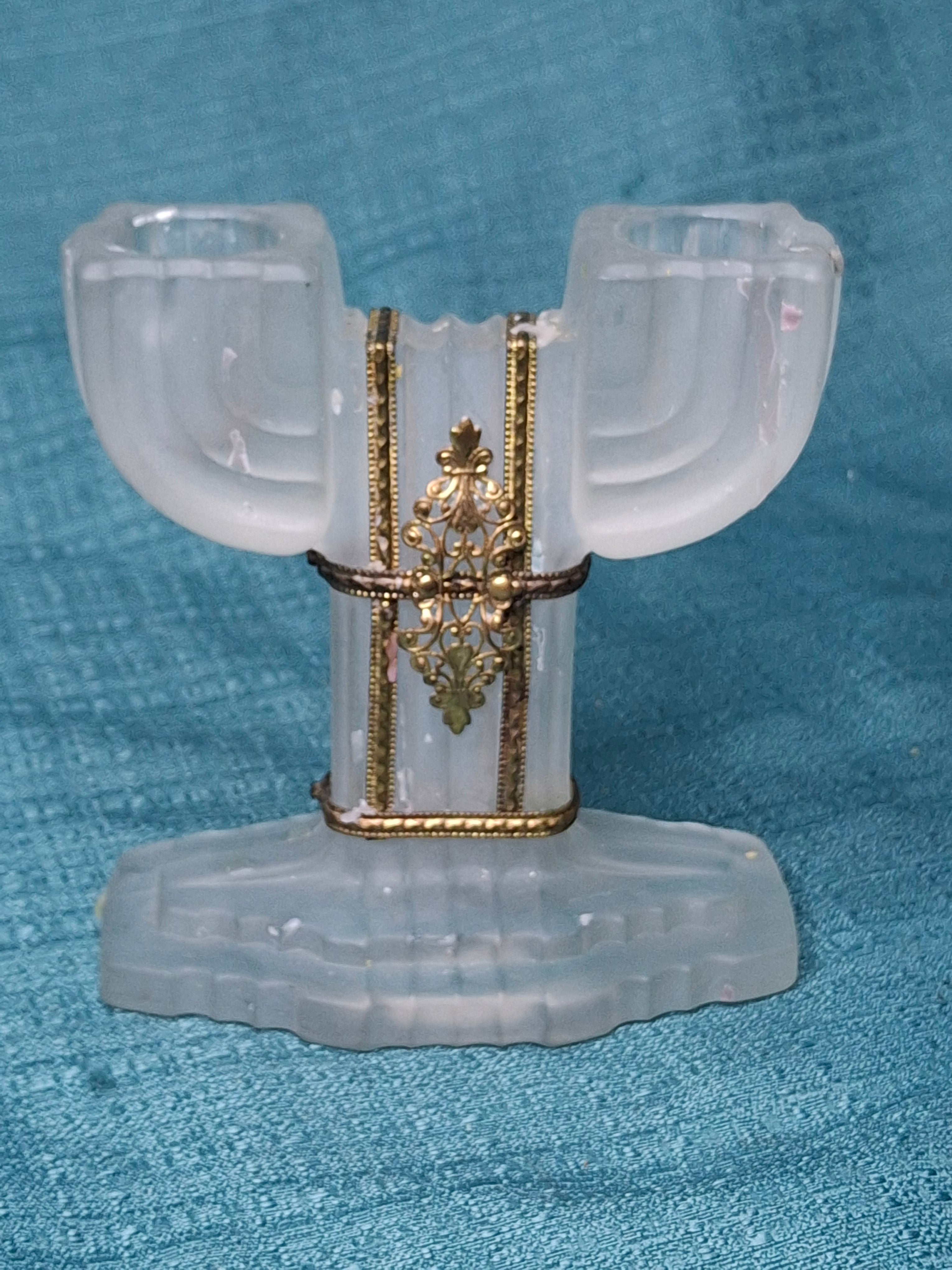 Art Deco Frosted Glass Shabbat Menorah Candelabra Double Candle Holder Brass 1930s