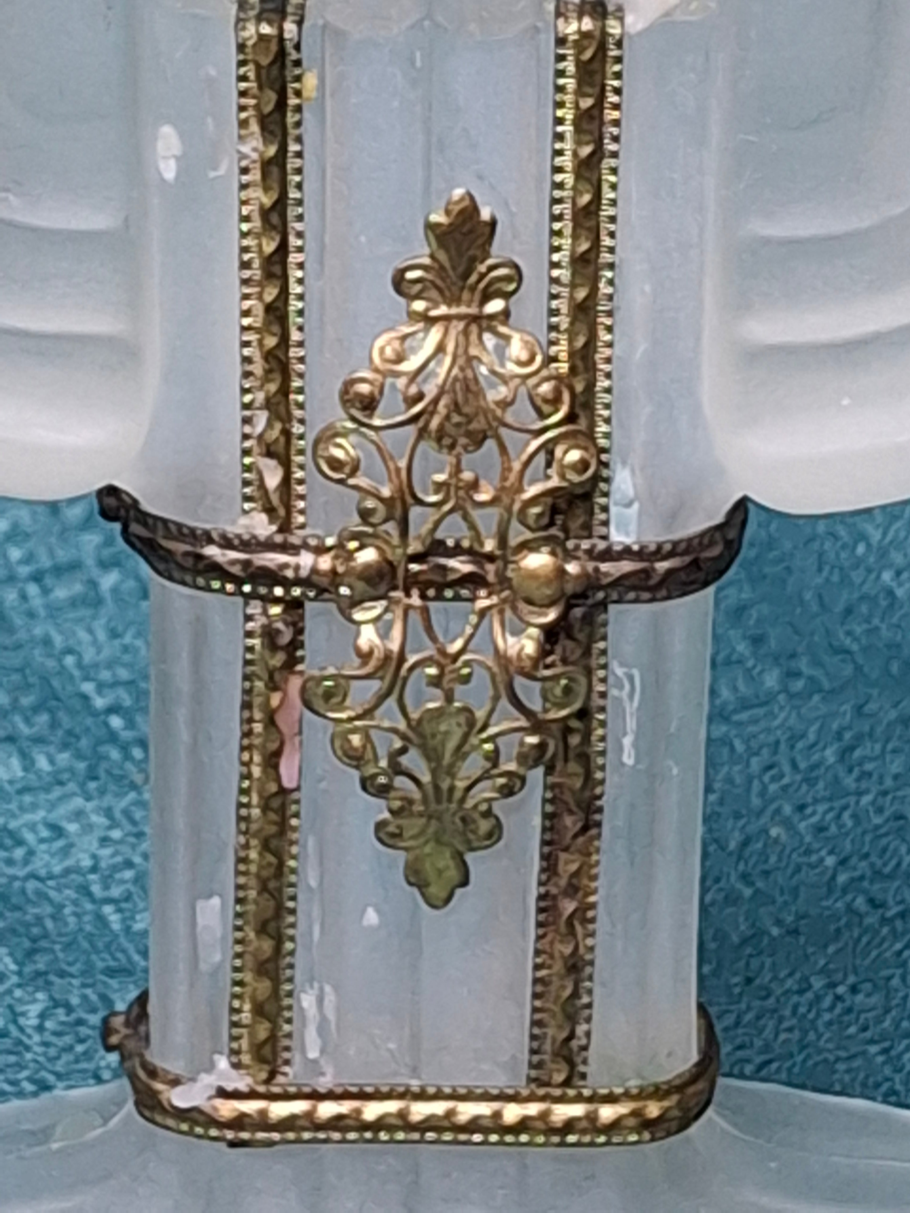 Art Deco Frosted Glass Shabbat Menorah Candelabra Double Candle Holder Brass 1930s