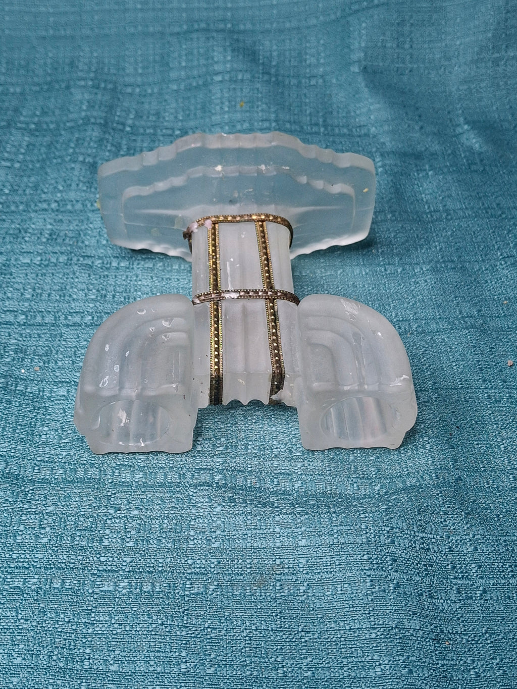 Art Deco Frosted Glass Shabbat Menorah Candelabra Double Candle Holder Brass 1930s