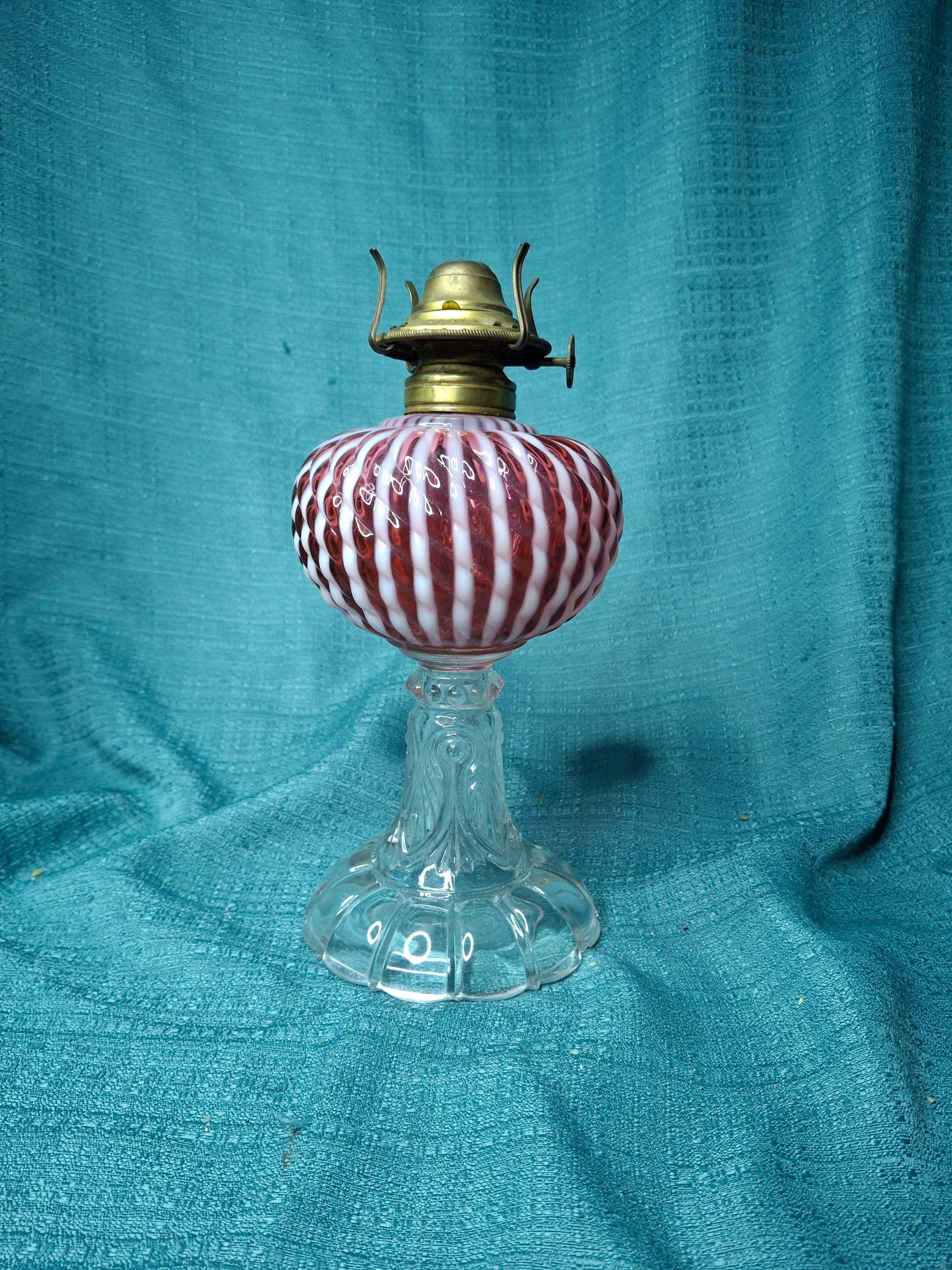 RARE Antique Cranberry Opalescent Sheldon Reverse Swirl Oil Lamp | Princess Feather Uranium Base | 1880s Victorian Glow Glass | P&A Eagle Burner