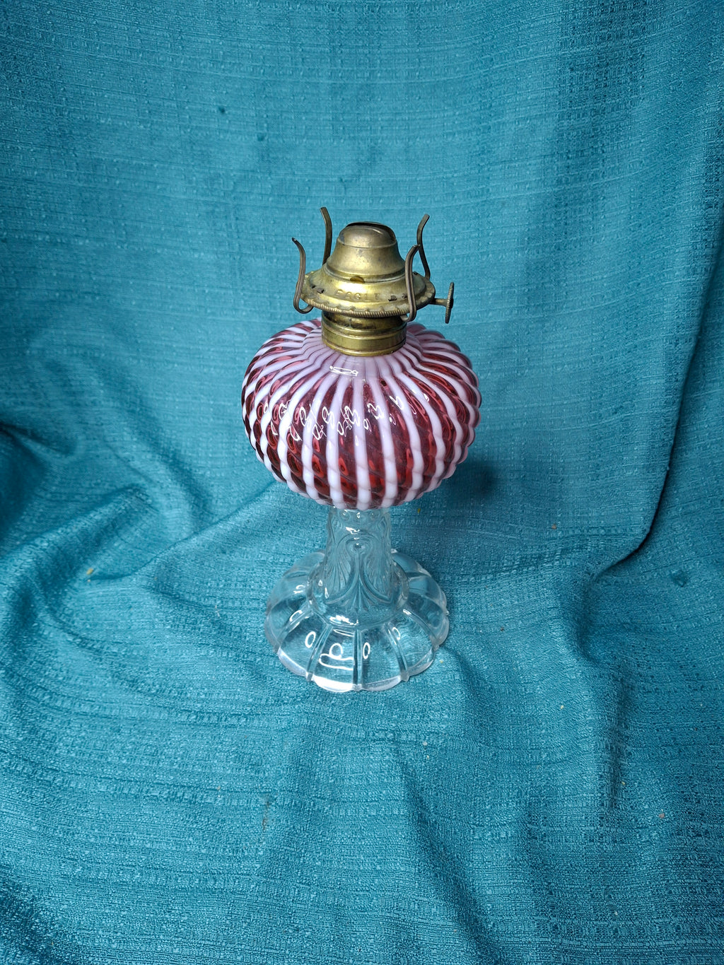 RARE Antique Cranberry Opalescent Sheldon Reverse Swirl Oil Lamp | Princess Feather Uranium Base | 1880s Victorian Glow Glass | P&A Eagle Burner
