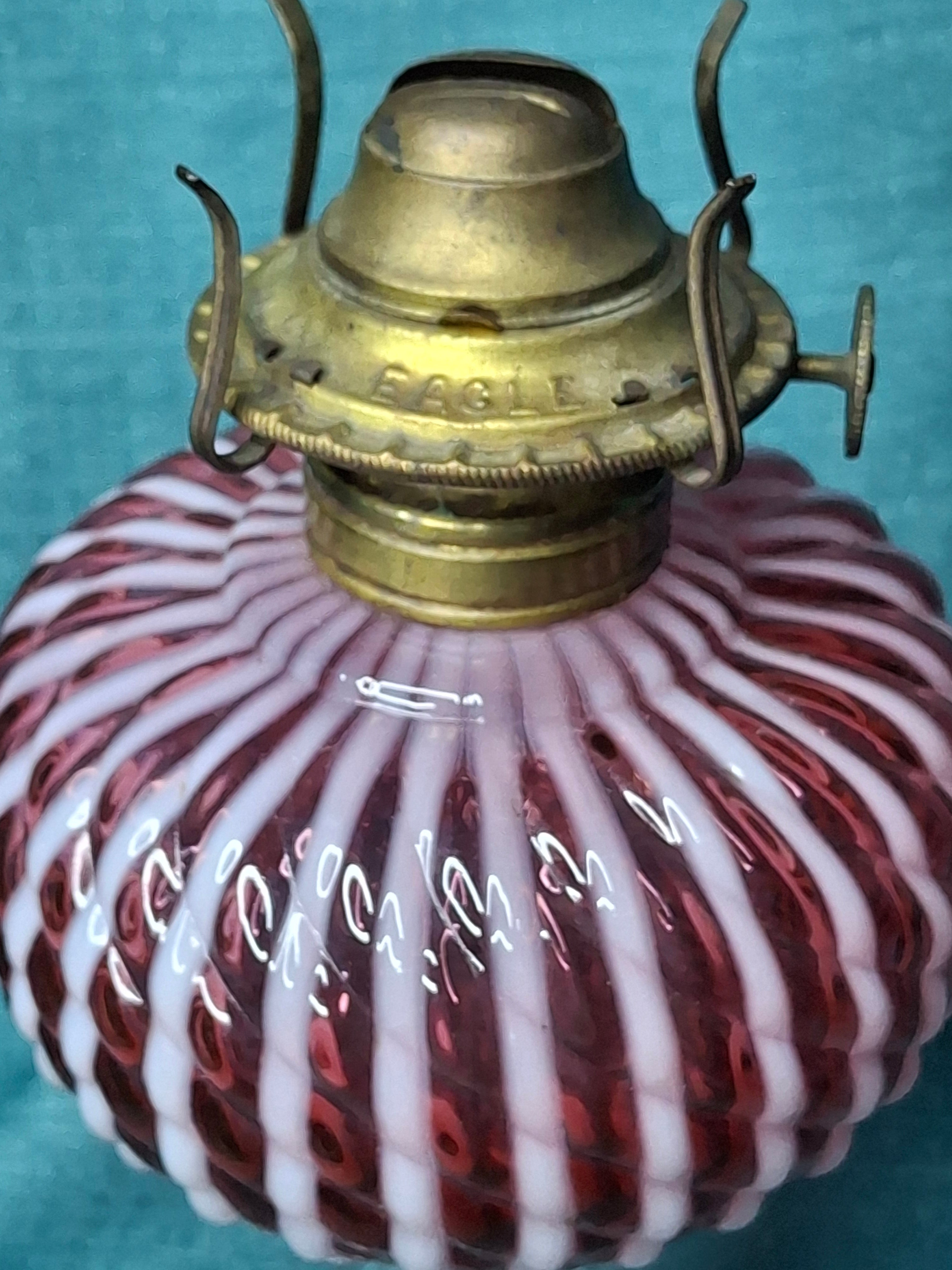 RARE Antique Cranberry Opalescent Sheldon Reverse Swirl Oil Lamp | Princess Feather Uranium Base | 1880s Victorian Glow Glass | P&A Eagle Burner