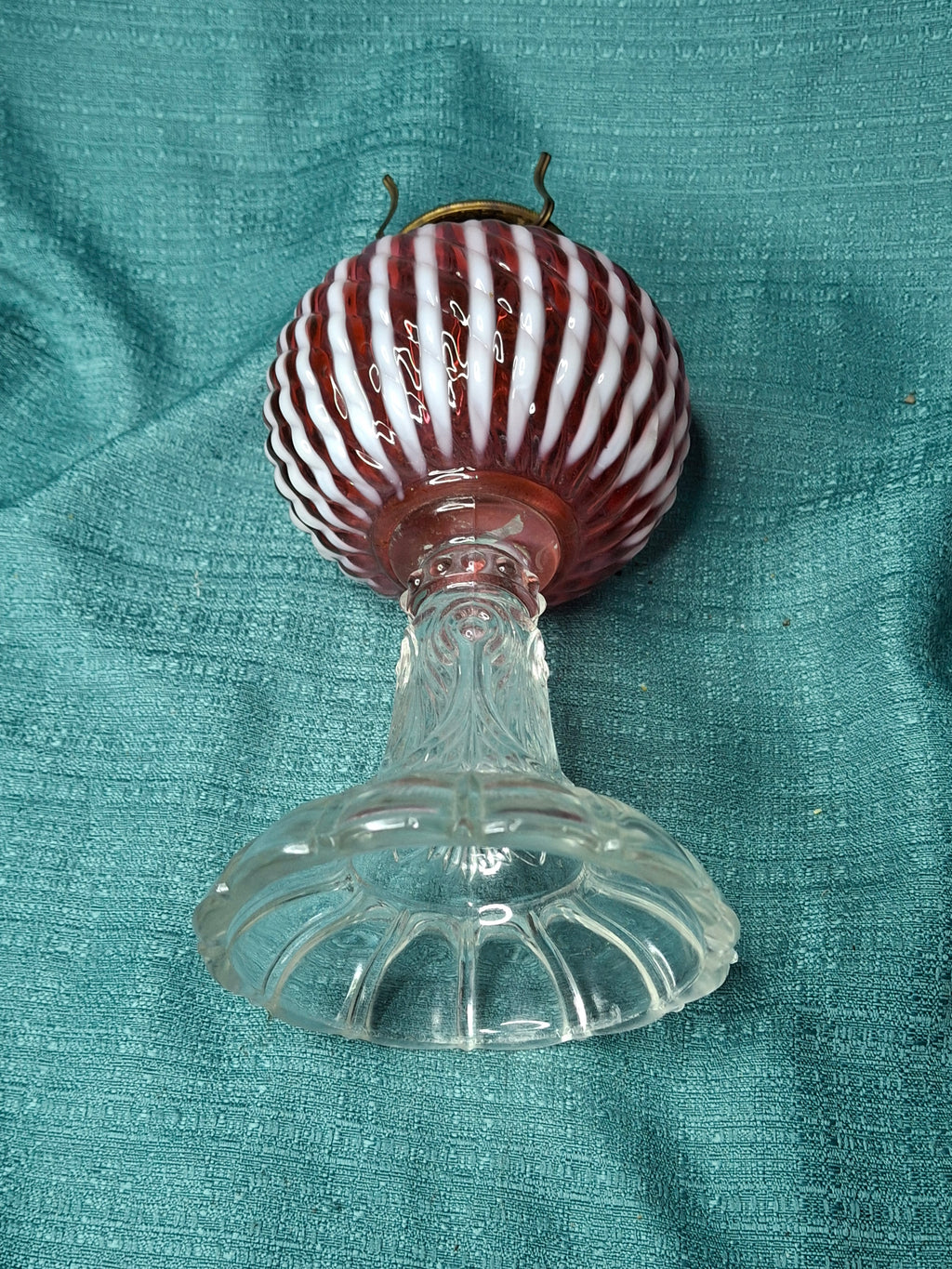 RARE Antique Cranberry Opalescent Sheldon Reverse Swirl Oil Lamp | Princess Feather Uranium Base | 1880s Victorian Glow Glass | P&A Eagle Burner