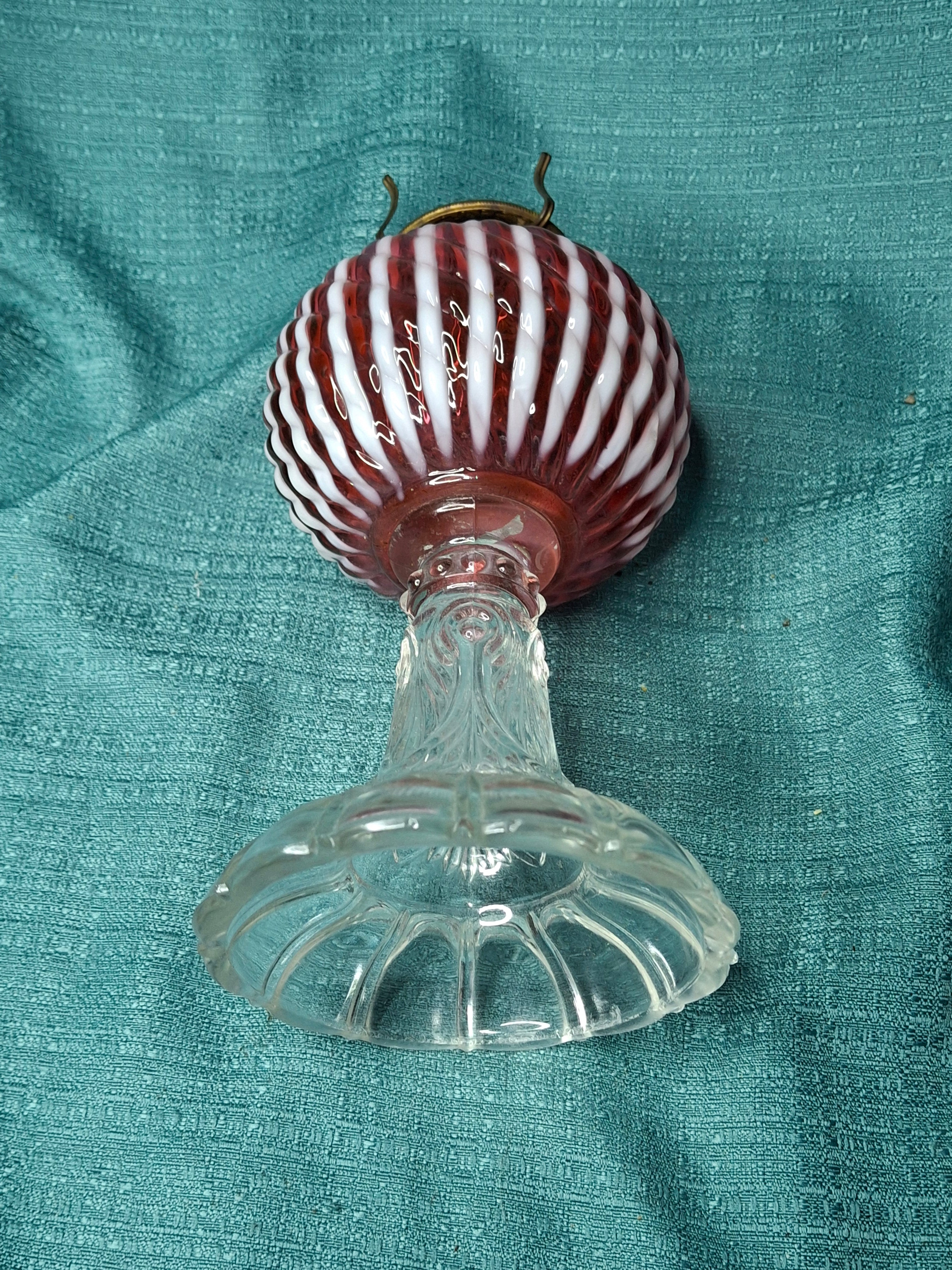 RARE Antique Cranberry Opalescent Sheldon Reverse Swirl Oil Lamp | Princess Feather Uranium Base | 1880s Victorian Glow Glass | P&A Eagle Burner