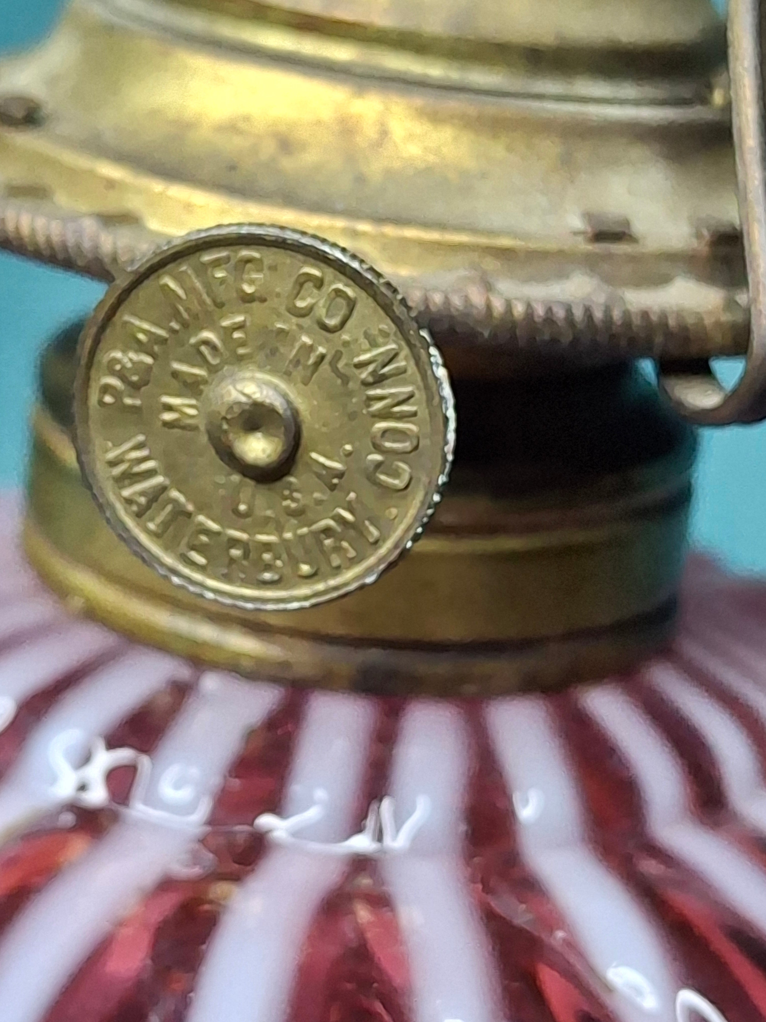 RARE Antique Cranberry Opalescent Sheldon Reverse Swirl Oil Lamp | Princess Feather Uranium Base | 1880s Victorian Glow Glass | P&A Eagle Burner