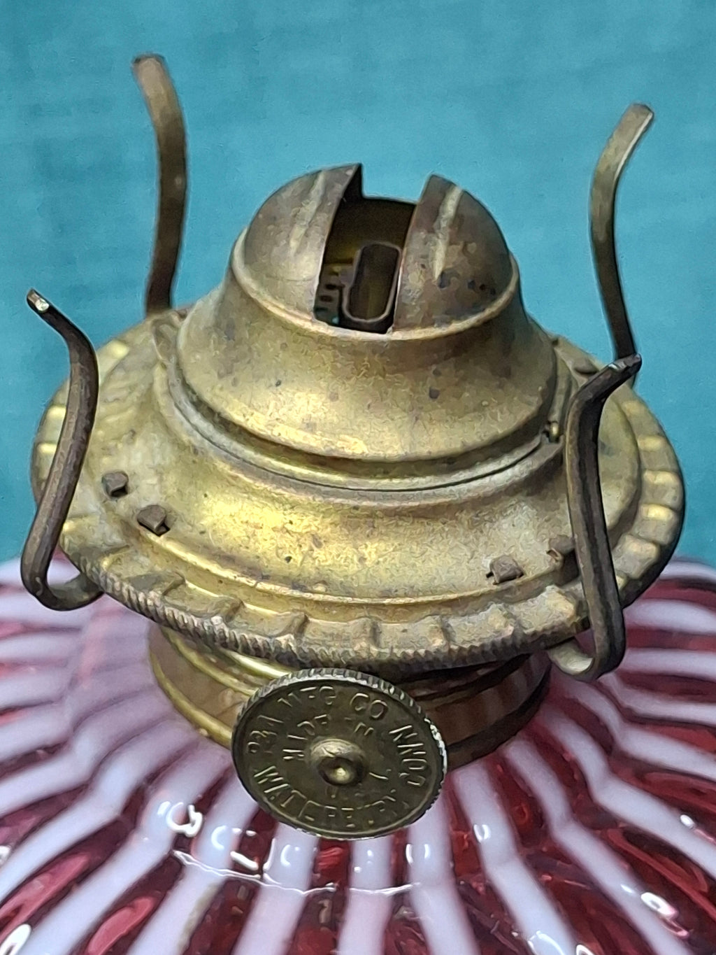 RARE Antique Cranberry Opalescent Sheldon Reverse Swirl Oil Lamp | Princess Feather Uranium Base | 1880s Victorian Glow Glass | P&A Eagle Burner