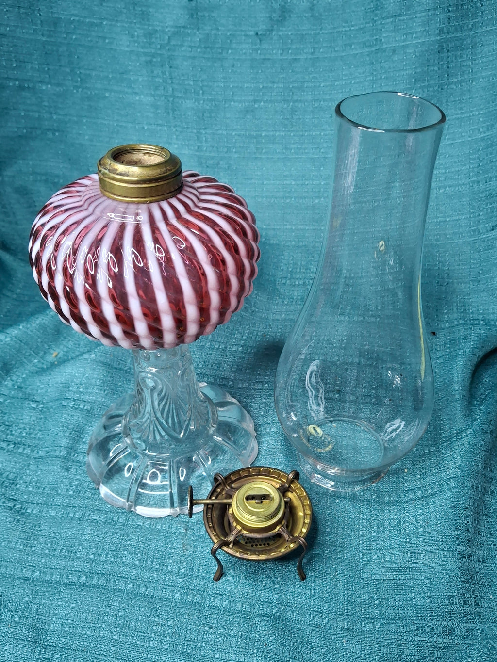 RARE Antique Cranberry Opalescent Sheldon Reverse Swirl Oil Lamp | Princess Feather Uranium Base | 1880s Victorian Glow Glass | P&A Eagle Burner