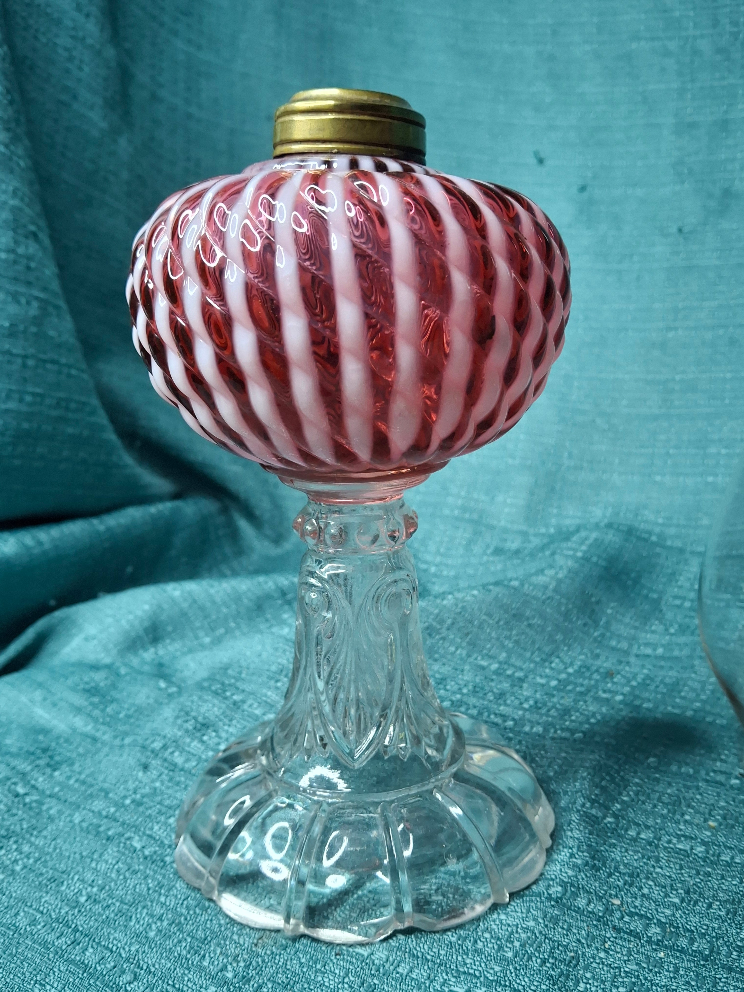 RARE Antique Cranberry Opalescent Sheldon Reverse Swirl Oil Lamp | Princess Feather Uranium Base | 1880s Victorian Glow Glass | P&A Eagle Burner