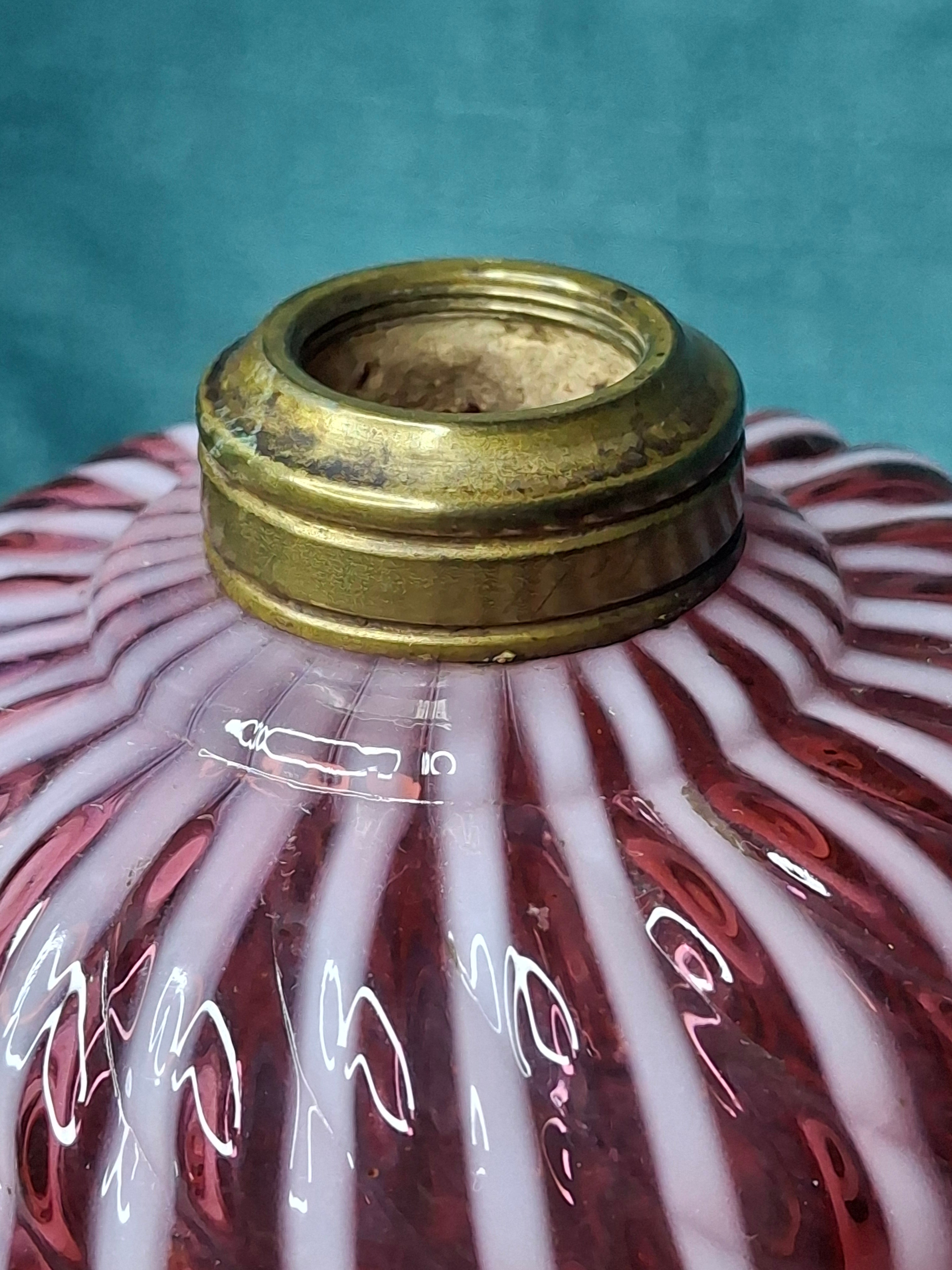 RARE Antique Cranberry Opalescent Sheldon Reverse Swirl Oil Lamp | Princess Feather Uranium Base | 1880s Victorian Glow Glass | P&A Eagle Burner