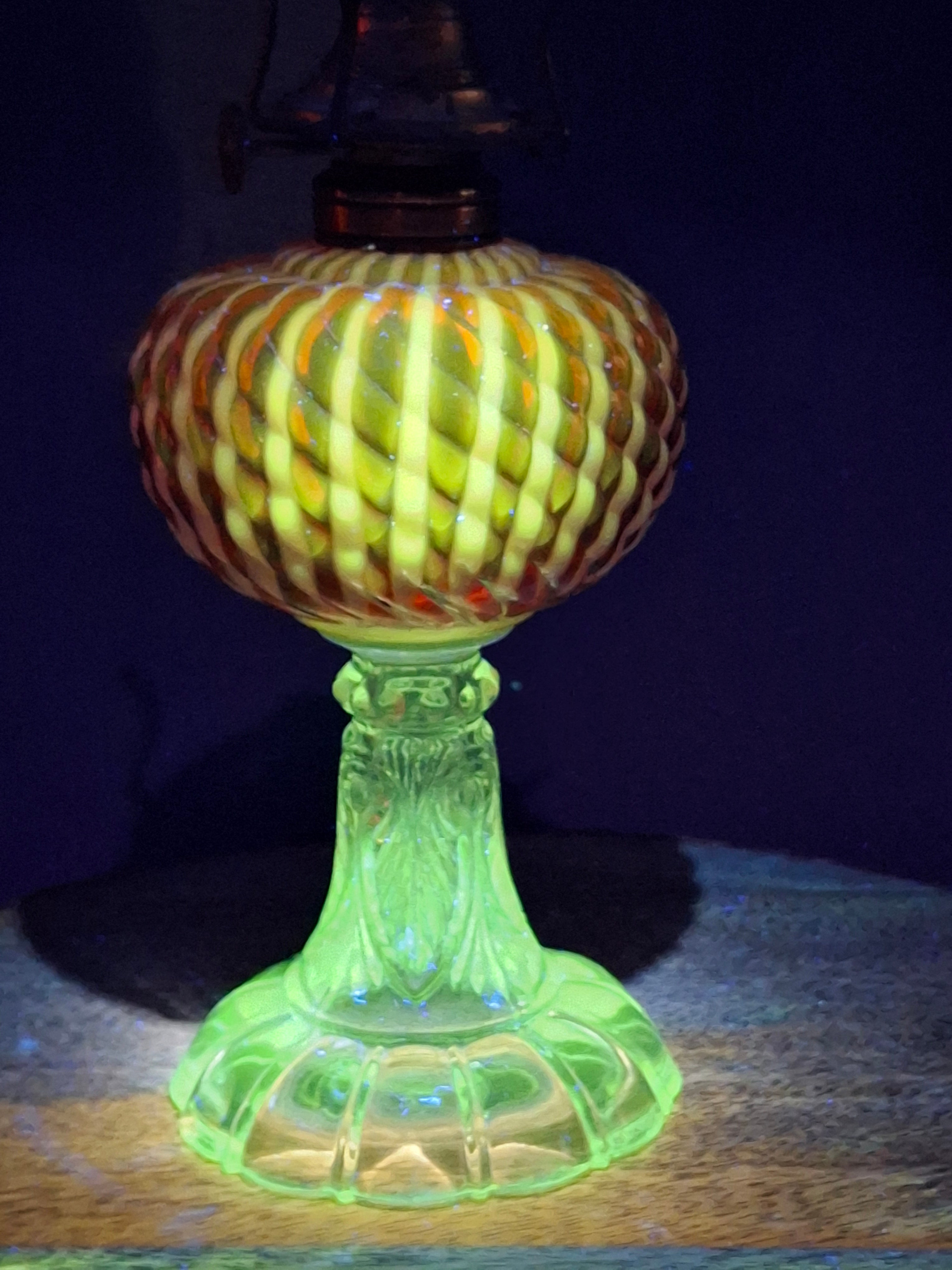 RARE Antique Cranberry Opalescent Sheldon Reverse Swirl Oil Lamp | Princess Feather Uranium Base | 1880s Victorian Glow Glass | P&A Eagle Burner