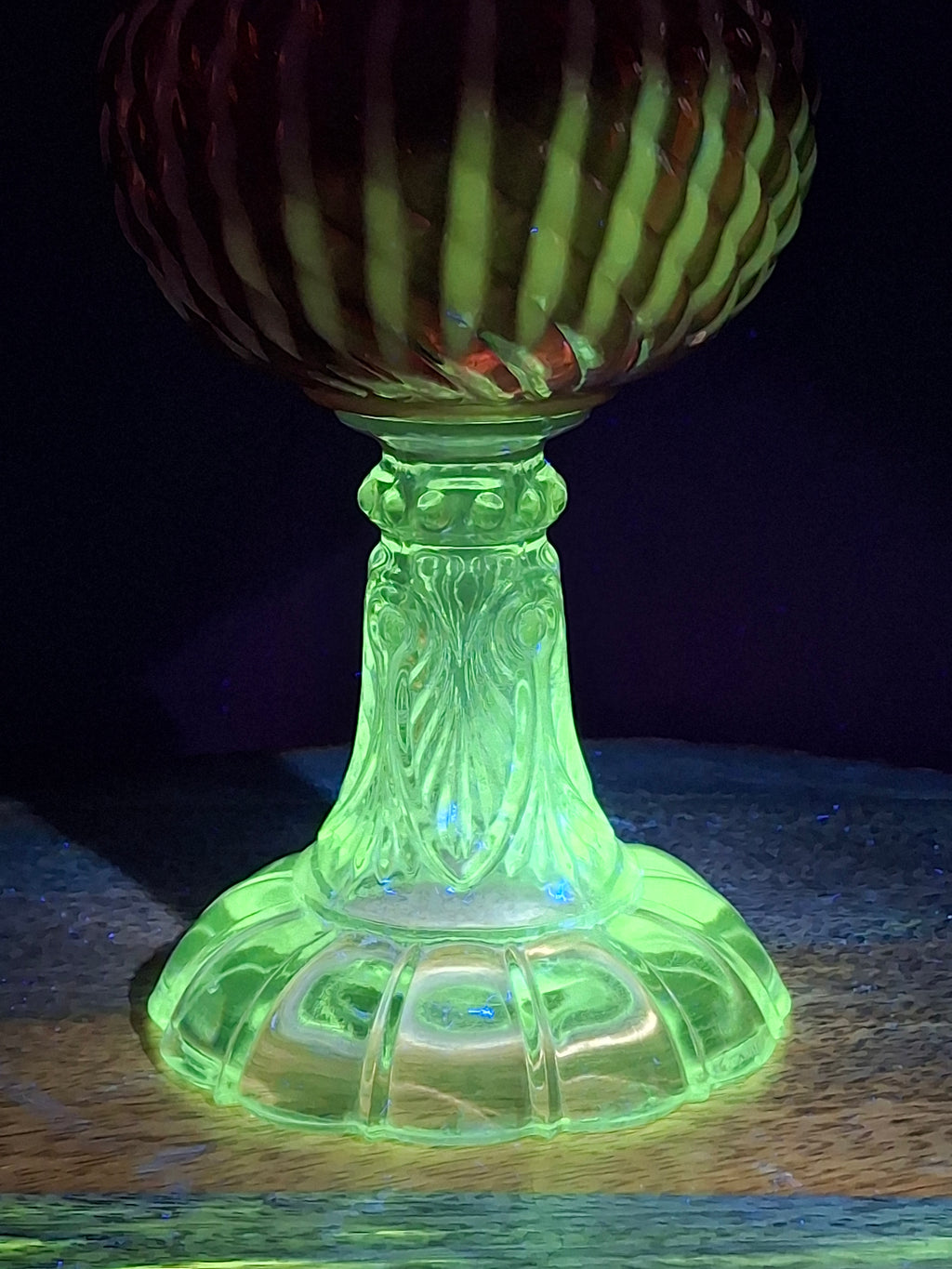 RARE Antique Cranberry Opalescent Sheldon Reverse Swirl Oil Lamp | Princess Feather Uranium Base | 1880s Victorian Glow Glass | P&A Eagle Burner